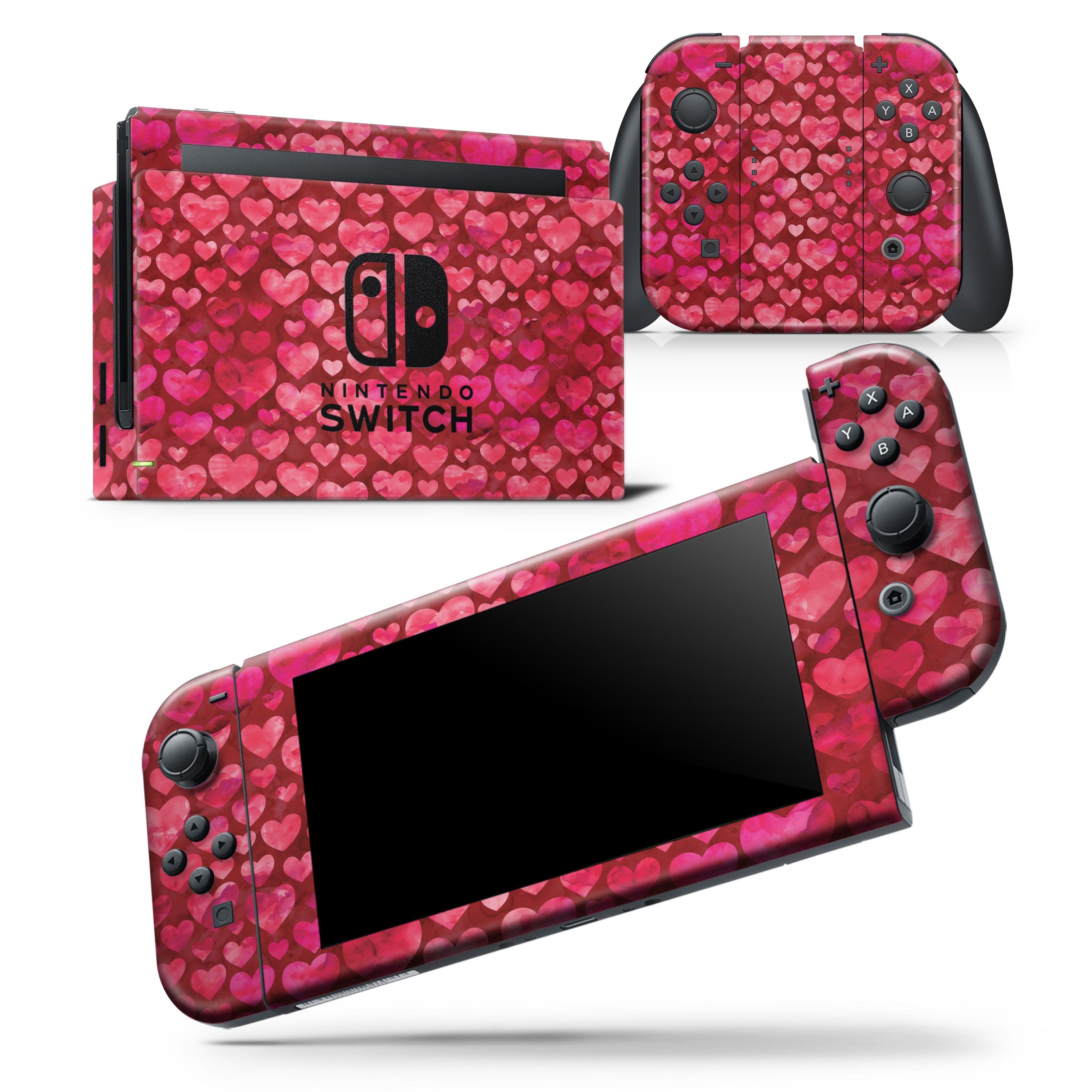 Deep Pink Watercolor Hearts skin wrap decal for Nintendo Switch Lite, showcasing vibrant colors and a stylish design.