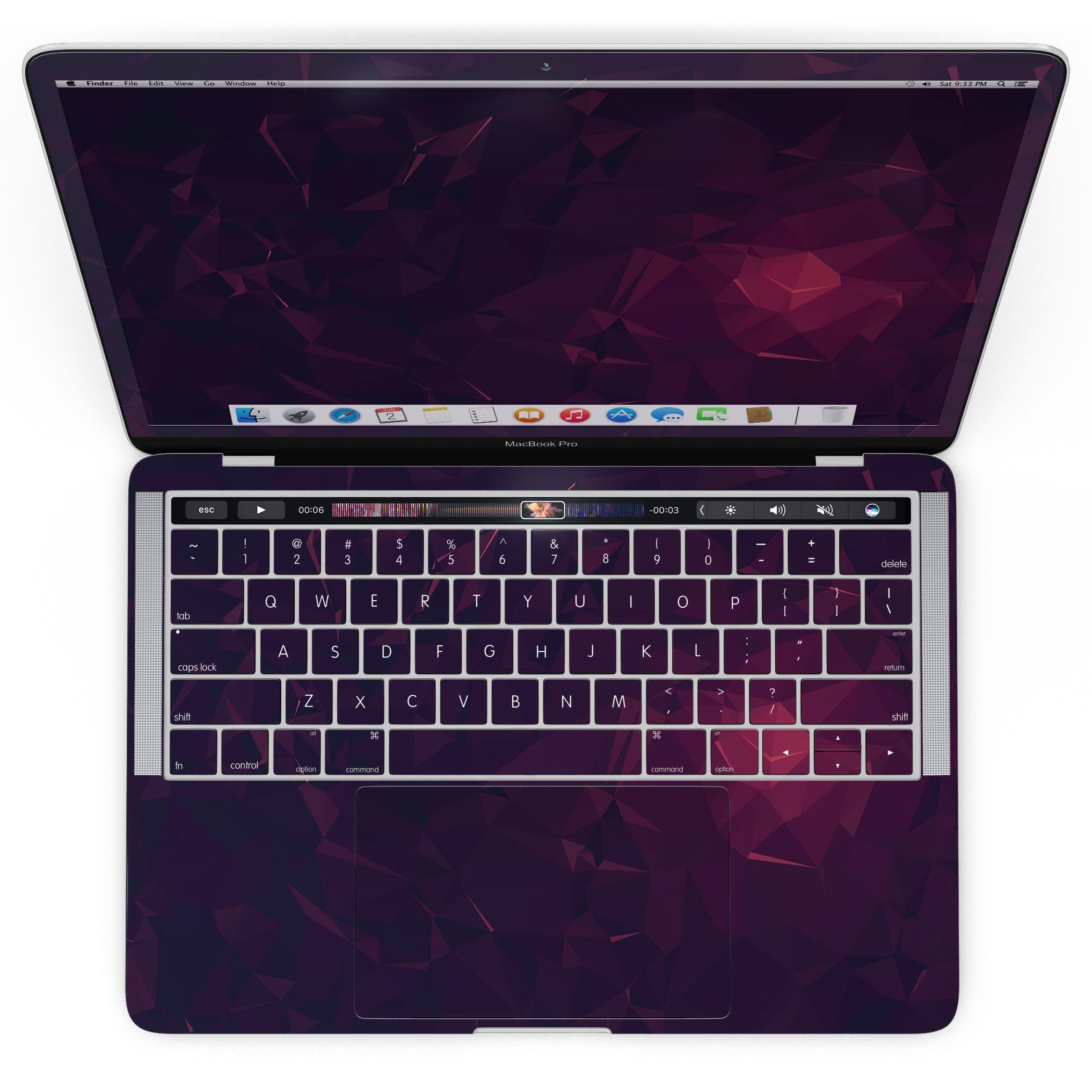 Deep Purple and Red Geometric Triangles skin for MacBook Pro with Touch Bar, showcasing a stylish geometric design.