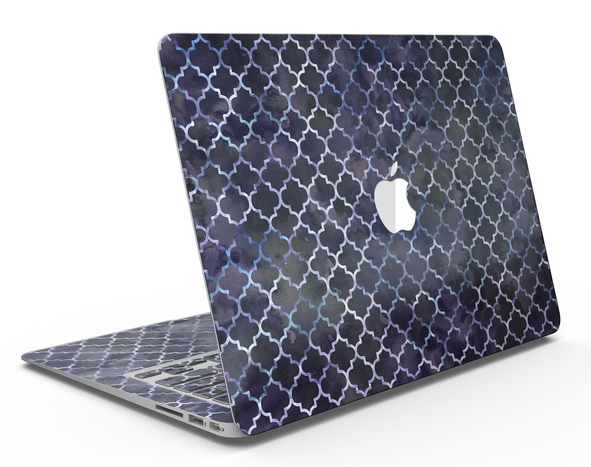 Deep Purple Watercolor Quatrefoil skin applied to a MacBook Air, showcasing vibrant colors and intricate design.