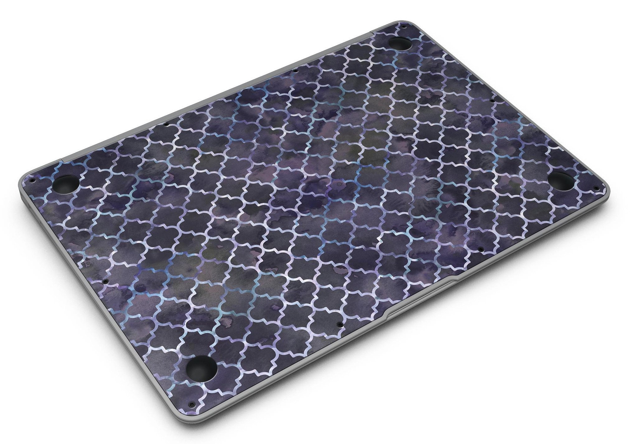 Deep Purple Watercolor Quatrefoil skin applied to a MacBook Air, showcasing vibrant colors and intricate design.