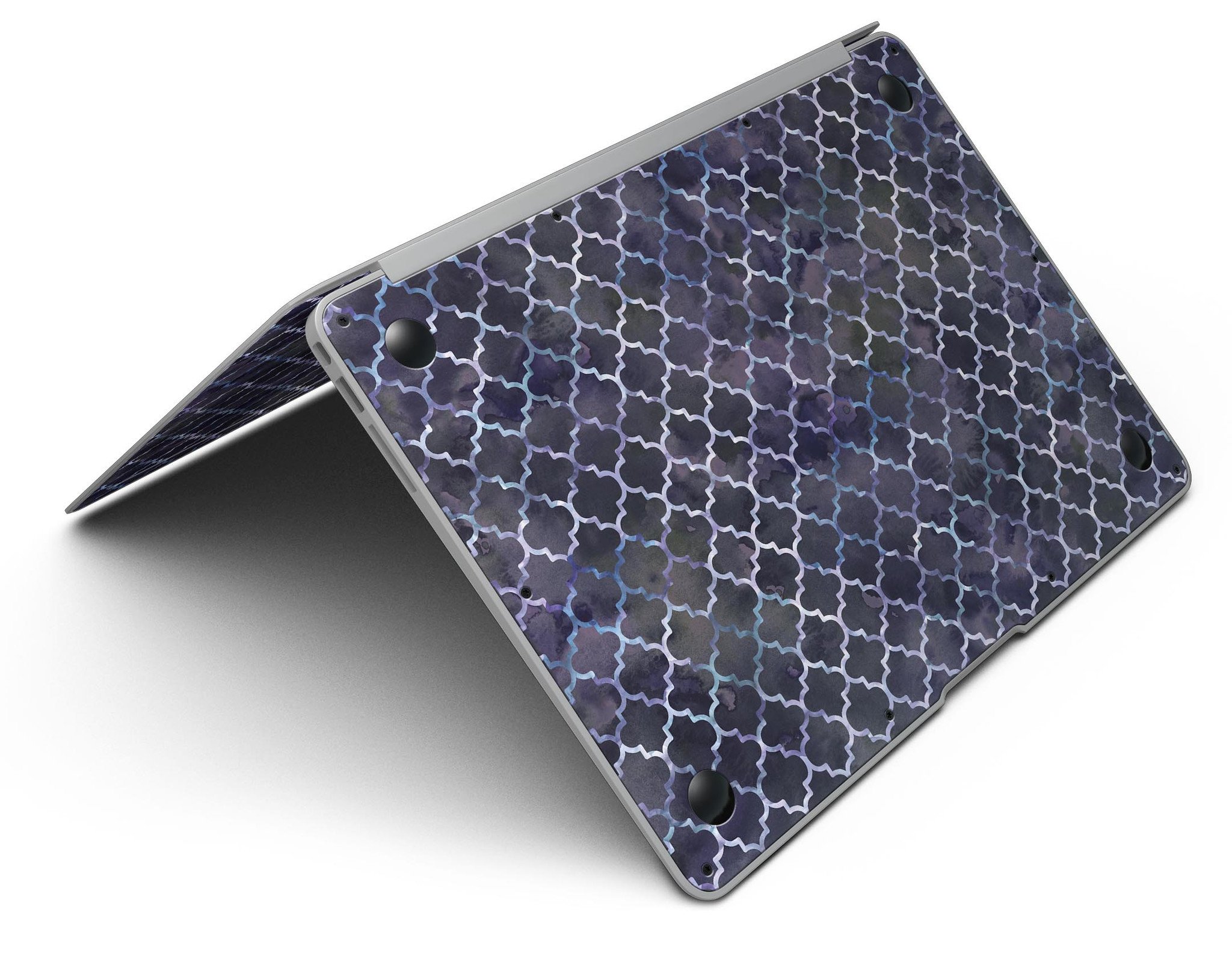 Deep Purple Watercolor Quatrefoil skin applied to a MacBook Air, showcasing vibrant colors and intricate design.