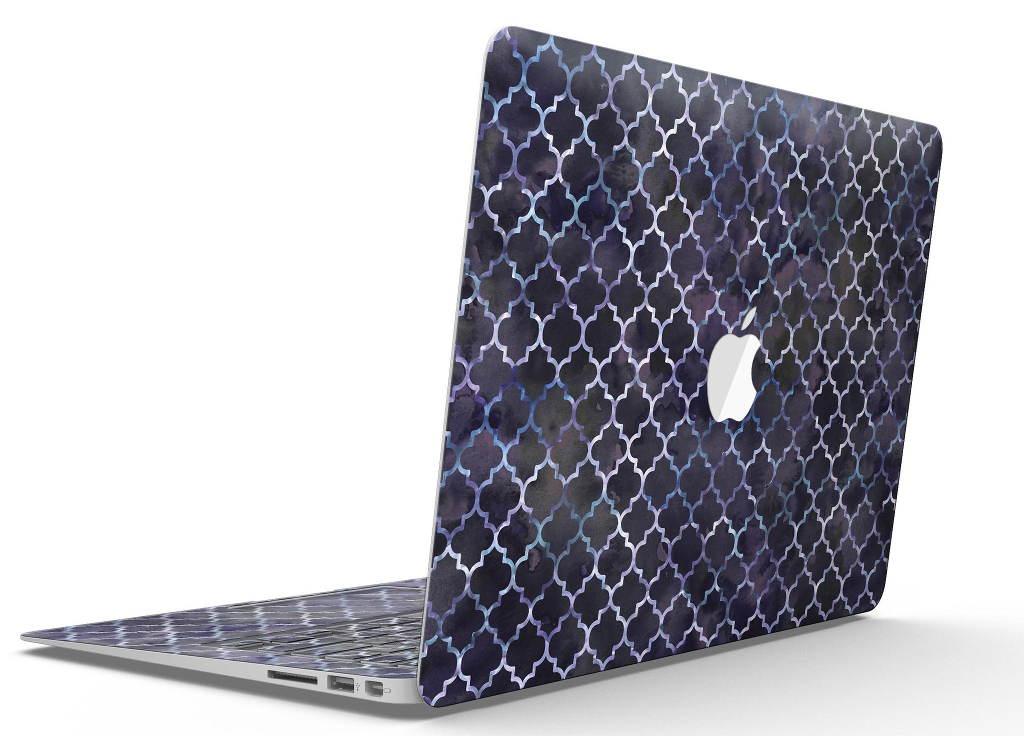 Deep Purple Watercolor Quatrefoil skin applied to a MacBook Air, showcasing vibrant colors and intricate design.