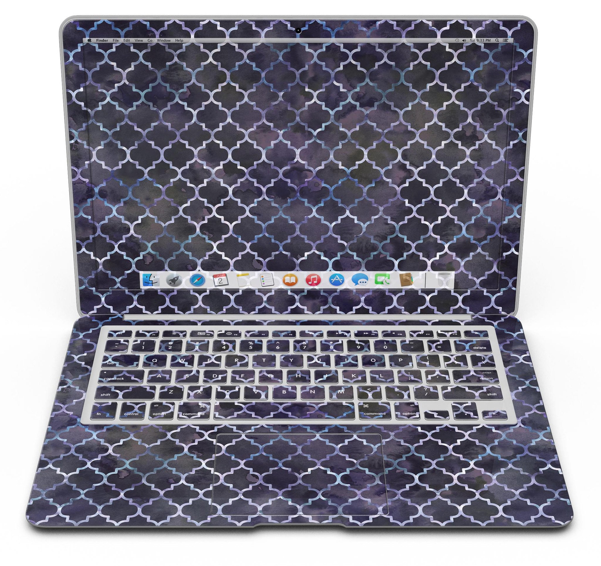 Deep Purple Watercolor Quatrefoil skin applied to a MacBook Air, showcasing vibrant colors and intricate design.