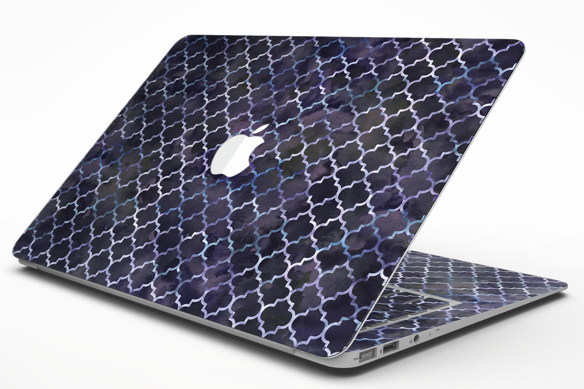 Deep Purple Watercolor Quatrefoil skin applied to a MacBook Air, showcasing vibrant colors and intricate design.