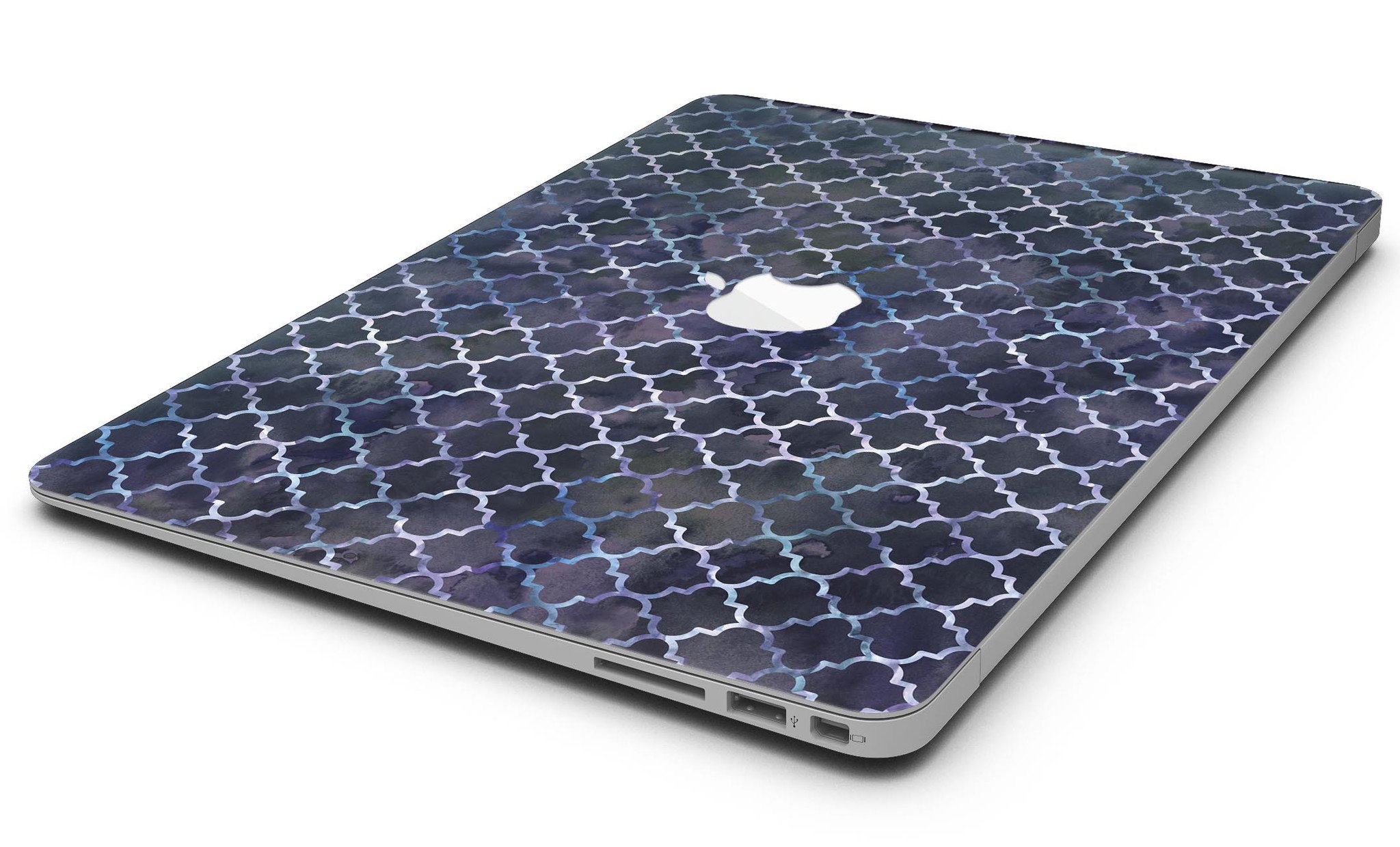 Deep Purple Watercolor Quatrefoil skin applied to a MacBook Air, showcasing vibrant colors and intricate design.