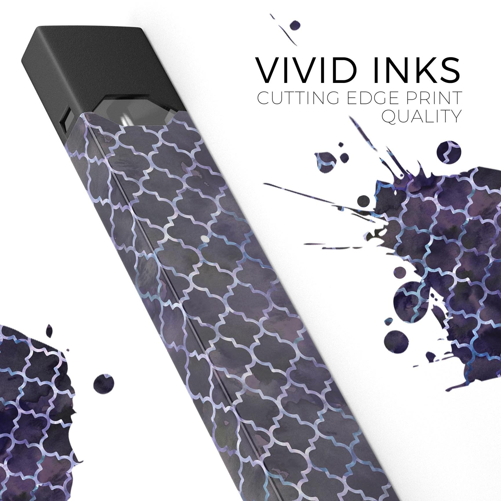 Deep Purple Watercolor Quatrefoil skin-wrap for JUUL device, showcasing vibrant colors and intricate design.