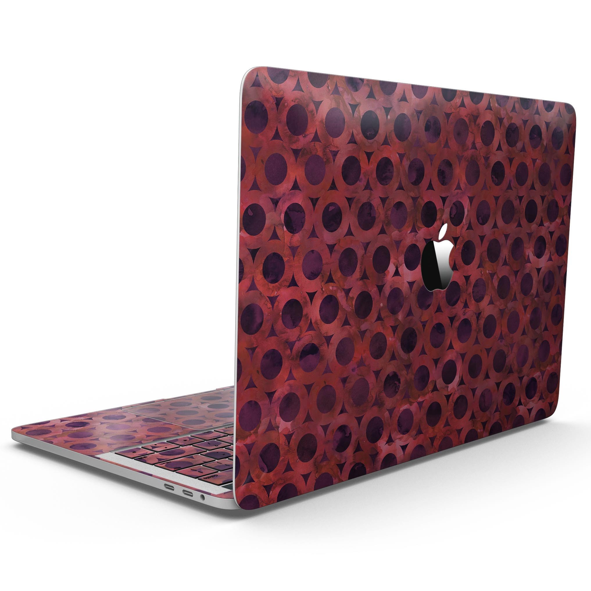 Deep Red Watercolor Ring Pattern skin for 13" MacBook Pro without Touch Bar, showcasing vibrant colors and unique design.