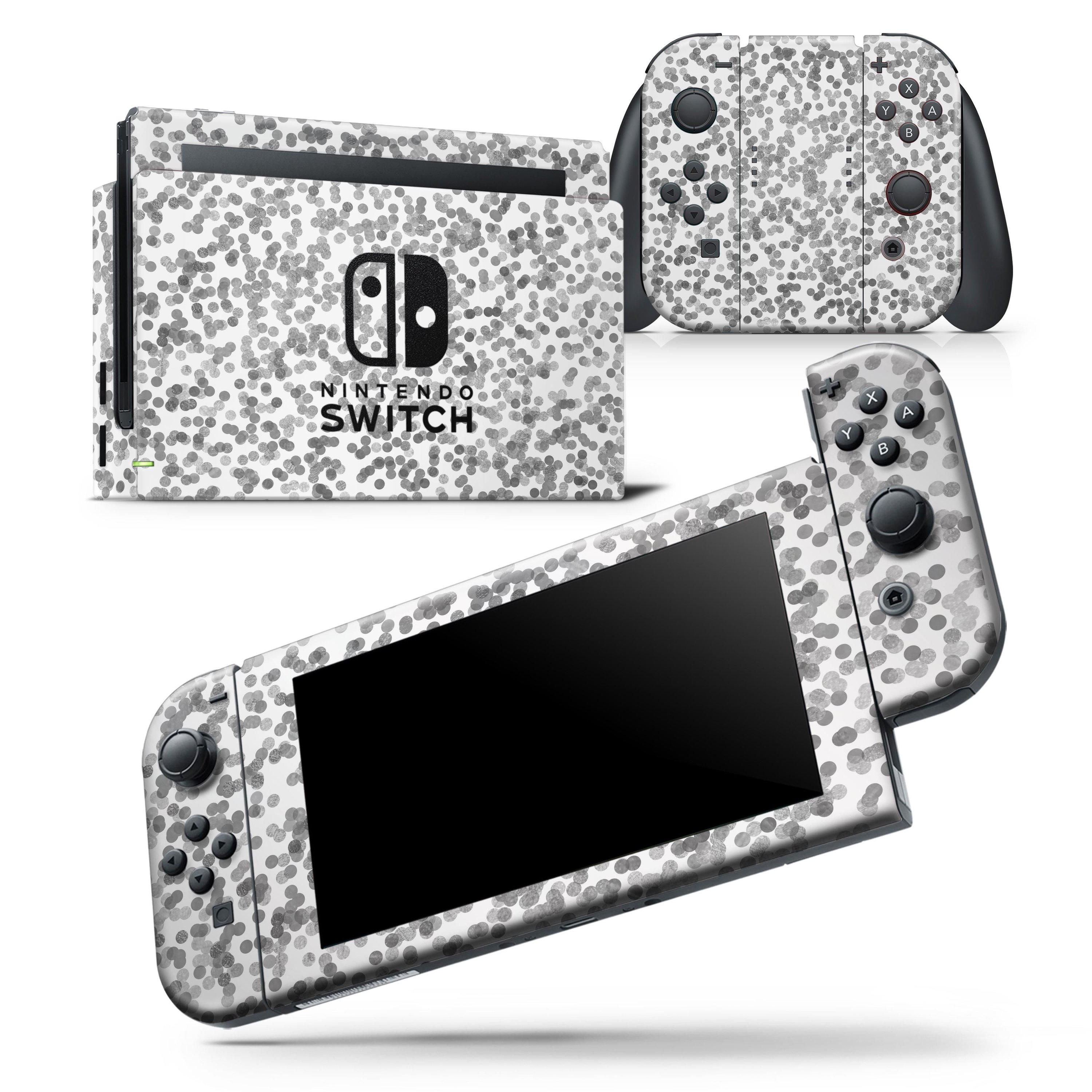 Descending Grayscale Micro Dots skin wrap decal for Nintendo Switch, showcasing a stylish design that fits snugly on the console and controllers.