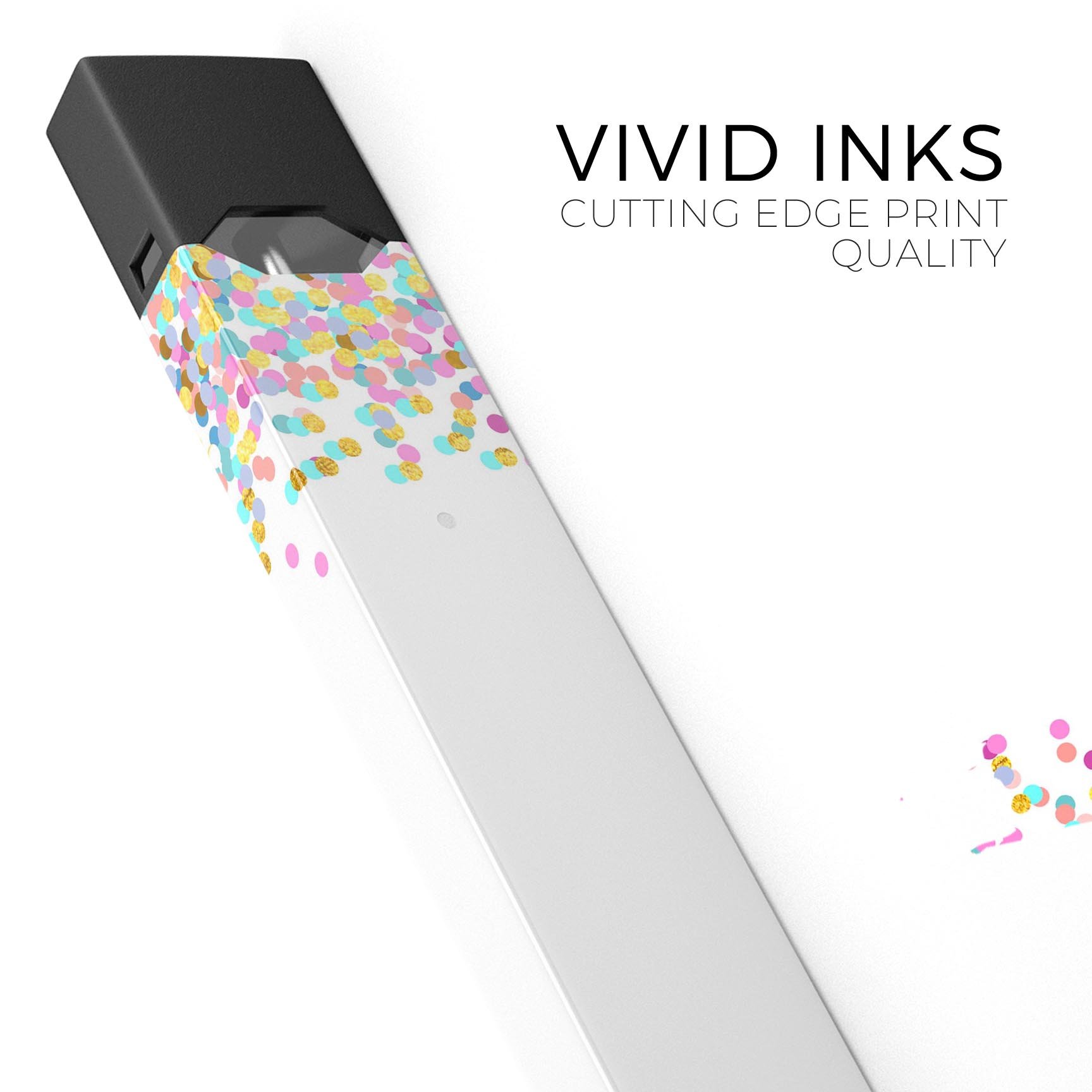 Descending multicolor micro dots skin-wrap for JUUL device, showcasing vibrant colors and precise cut for a perfect fit.