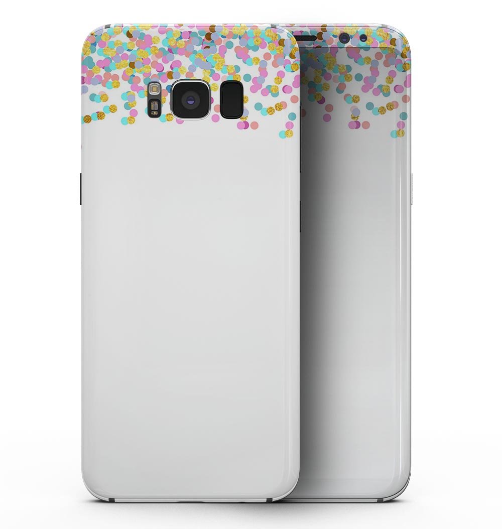 Samsung Galaxy S8 with Descending Multicolor Micro Dots full-body skin, showcasing vibrant colors and sleek design.