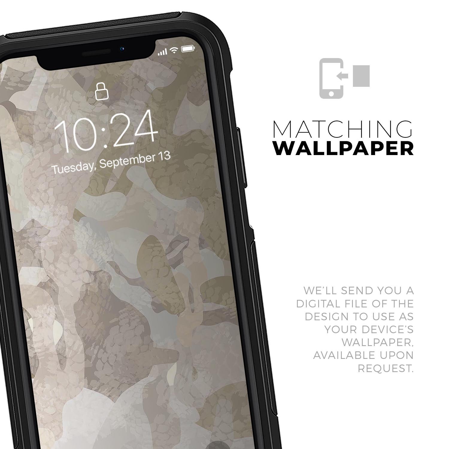 Desert Camouflage V2 Skin Kit for iPhone OtterBox Cases, showcasing a stylish camouflage design with a premium finish.