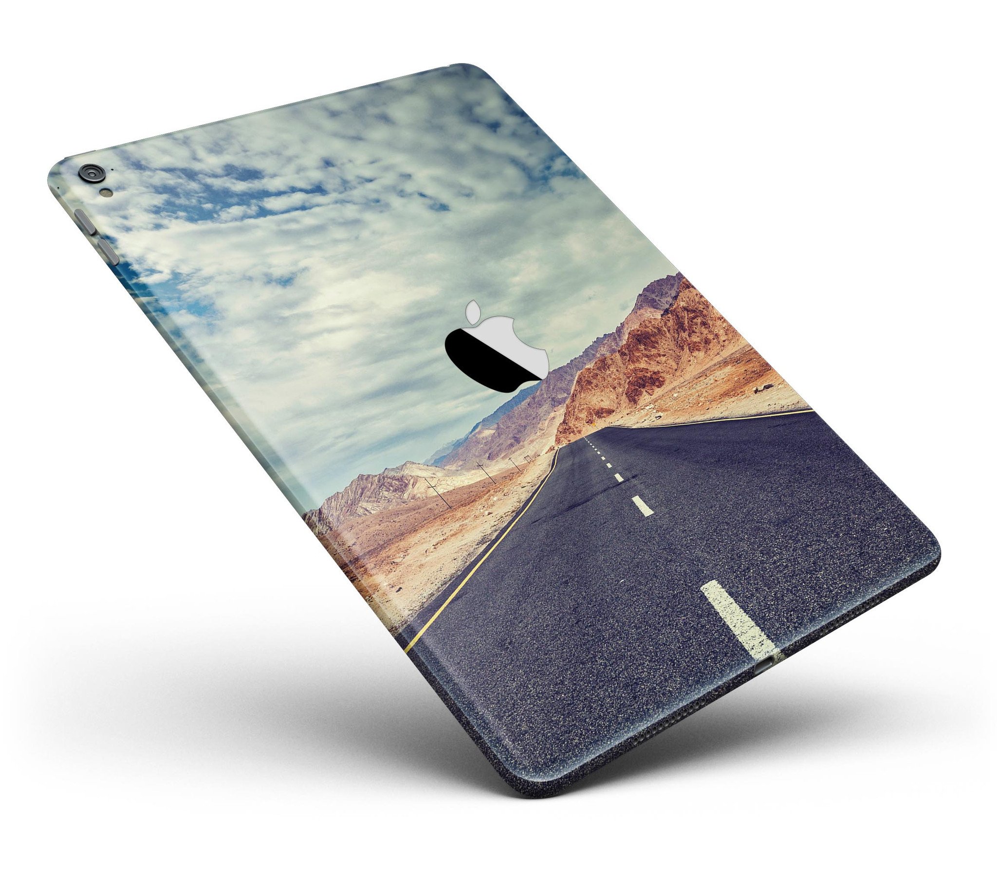 Desert Road Full Body Skin for iPad Pro, showcasing a stylish design with a premium vinyl finish, available in glossy or matte options.