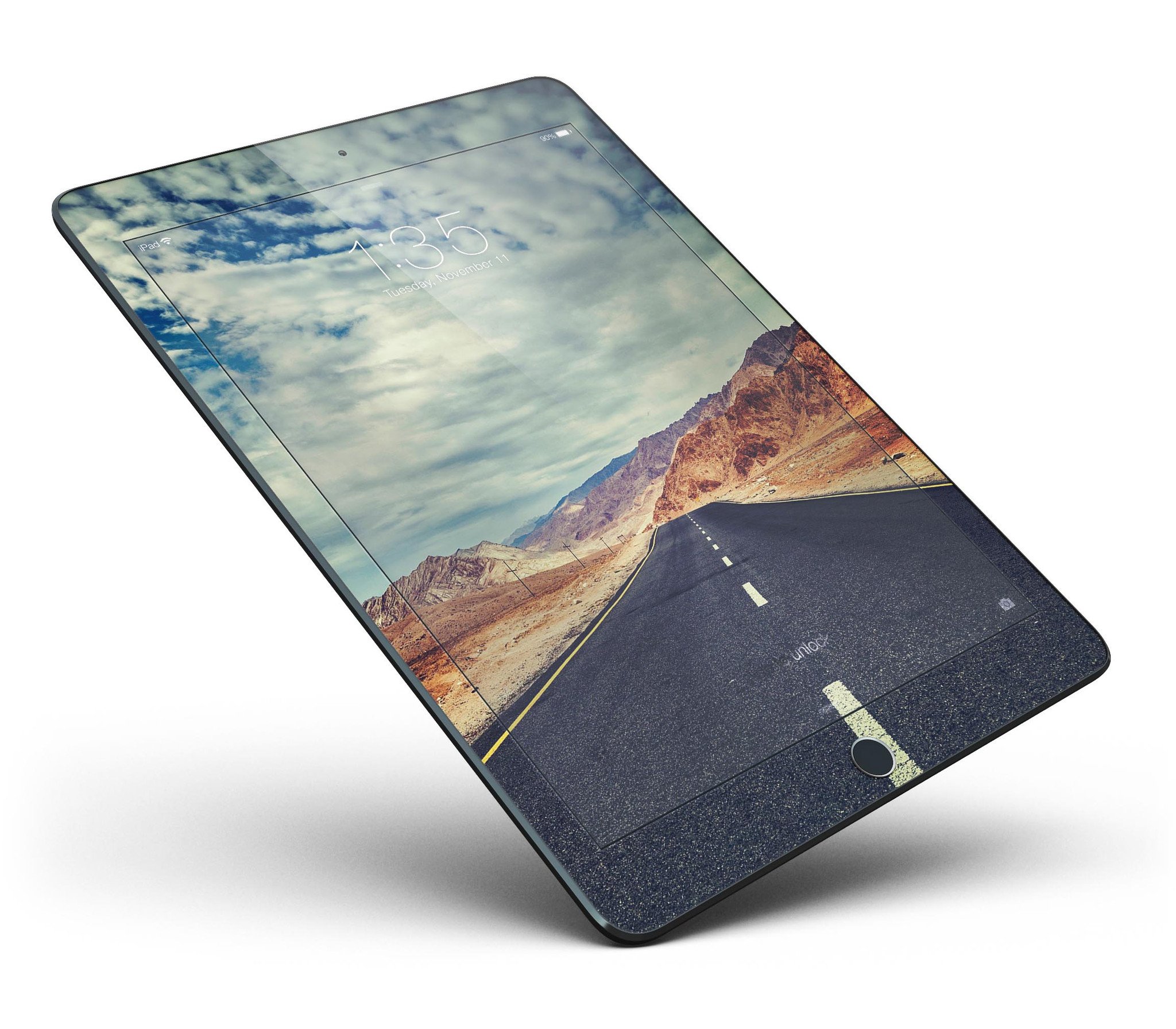 Desert Road Full Body Skin for iPad Pro, showcasing a stylish design with a premium vinyl finish, available in glossy or matte options.