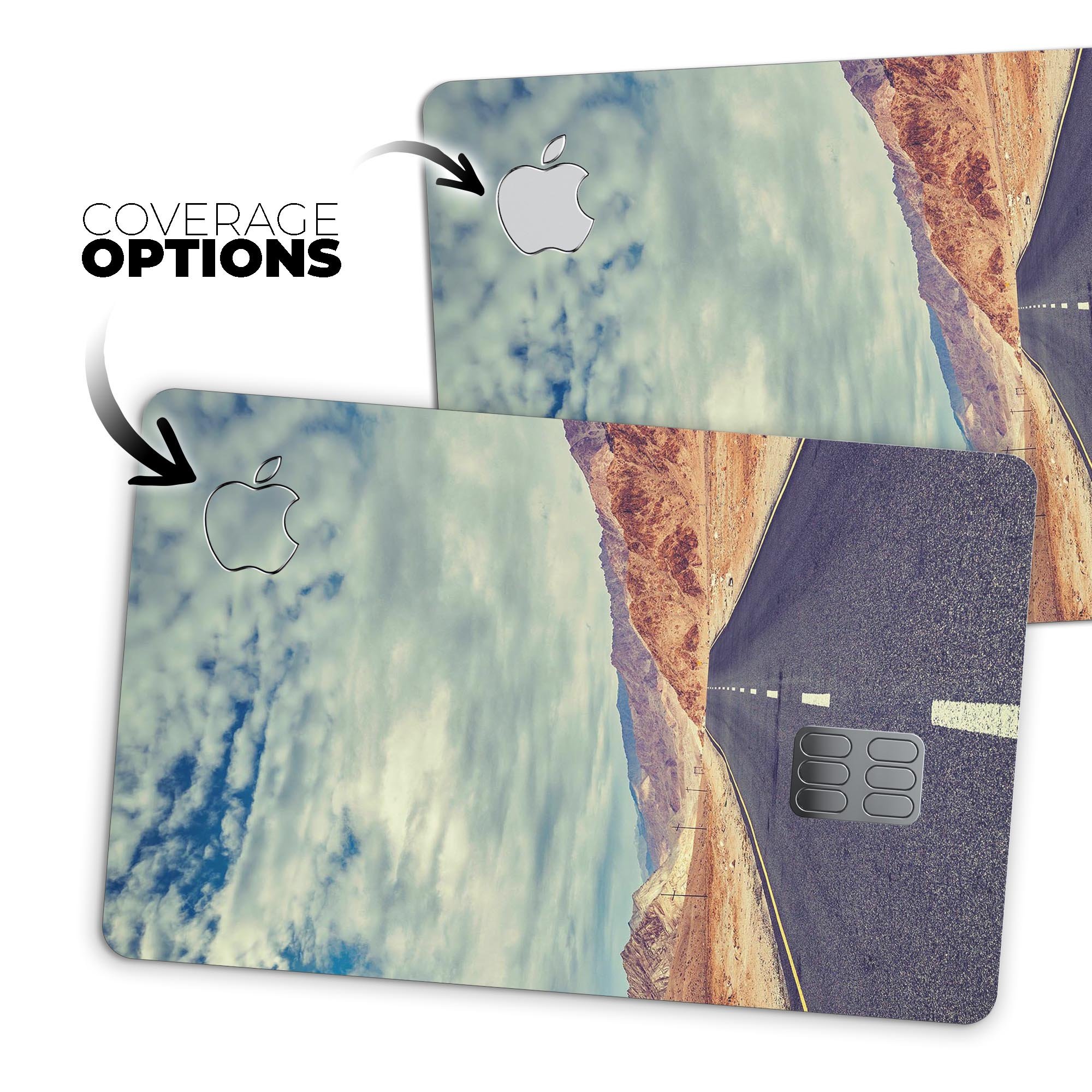 Desert Road Premium Protective Decal Skin-Kit for Apple Card, showcasing its sleek design and high-quality finish.