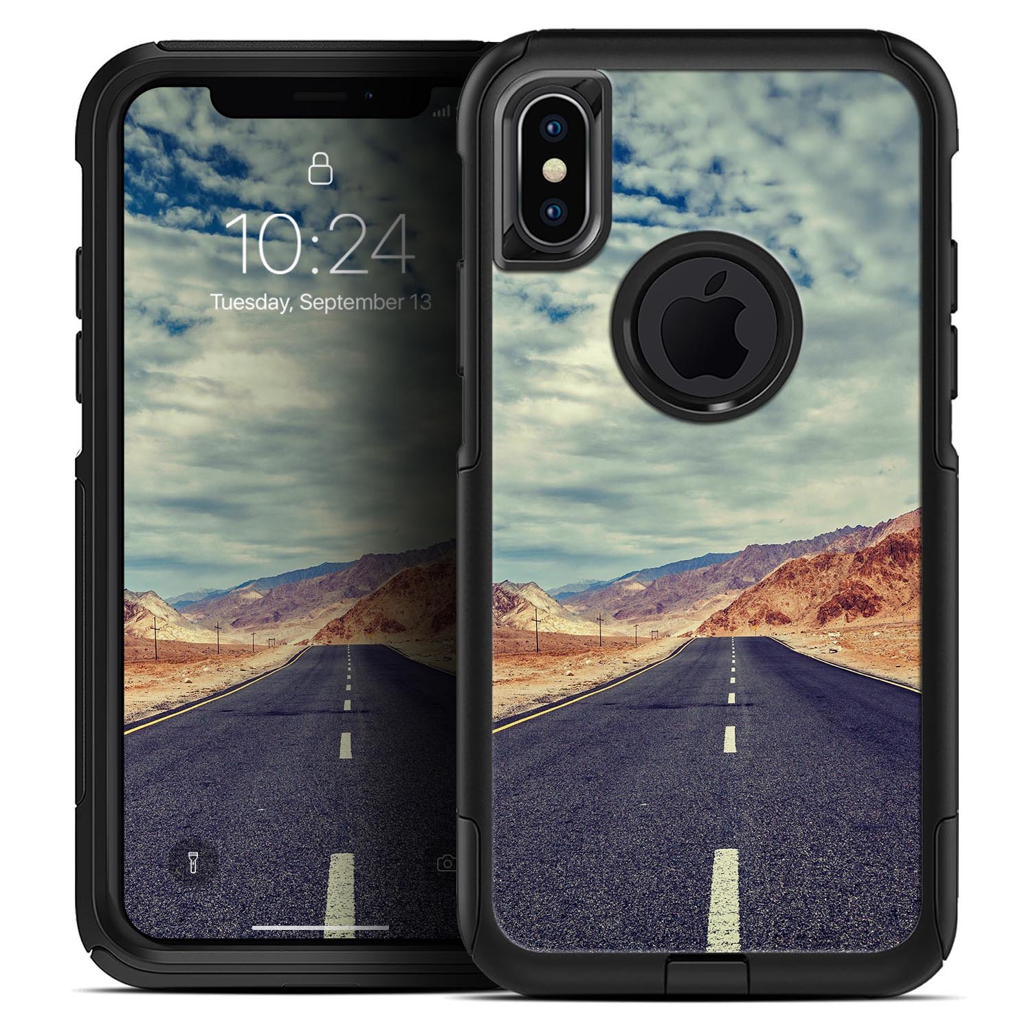 Desert Road Skin Kit for iPhone OtterBox Cases featuring vibrant graphics and a sleek design, showcasing its dual-layer construction.