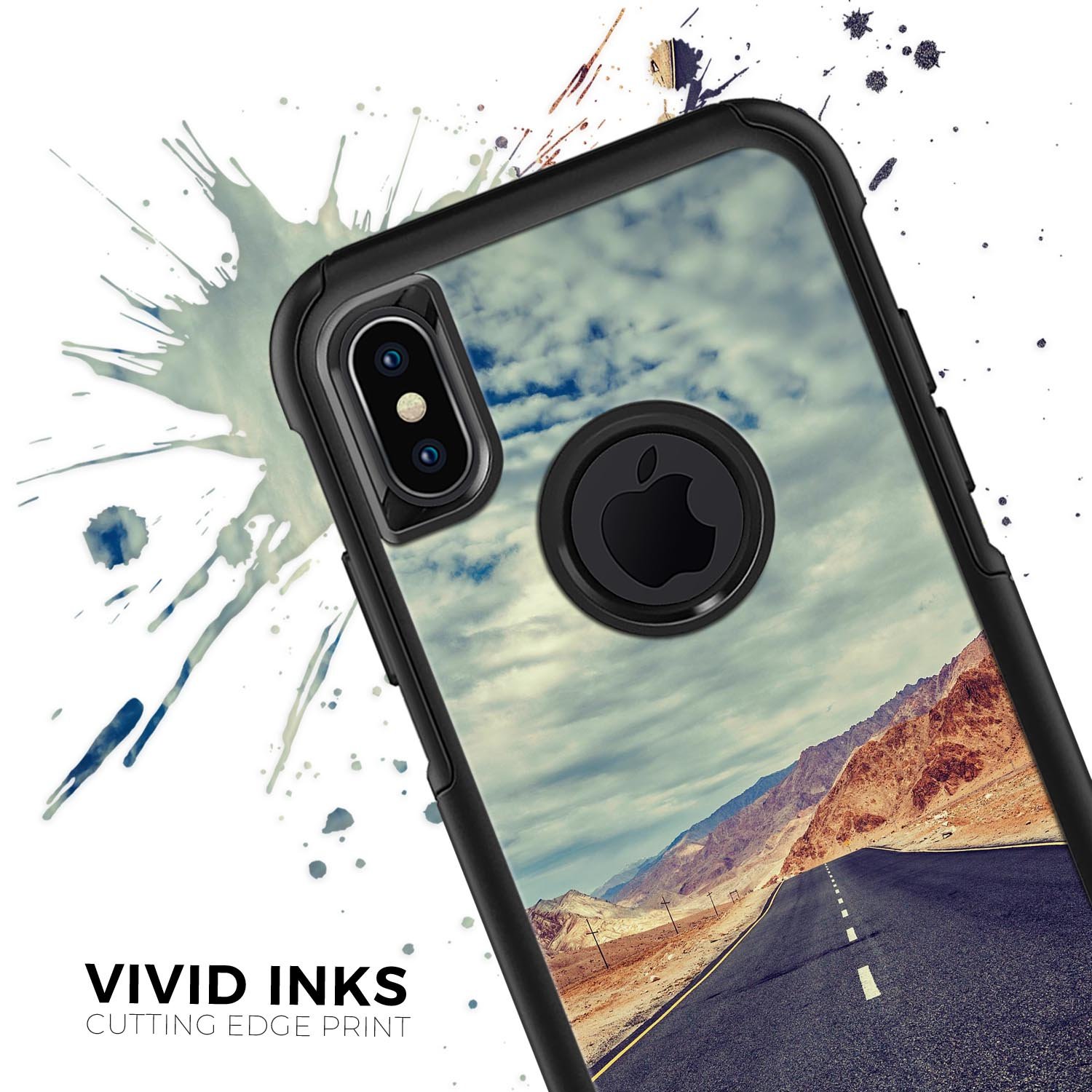 Desert Road Skin Kit for iPhone OtterBox Cases featuring vibrant graphics and a sleek design, showcasing its dual-layer construction.