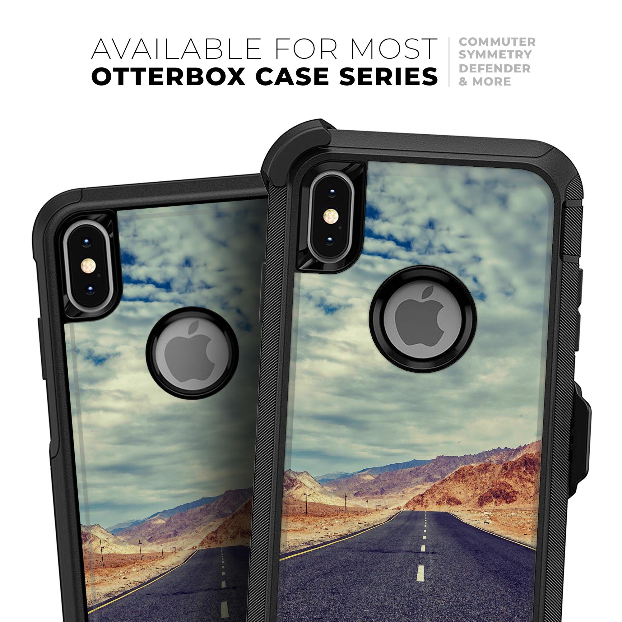 Desert Road Skin Kit for iPhone OtterBox Cases featuring vibrant graphics and a sleek design, showcasing its dual-layer construction.