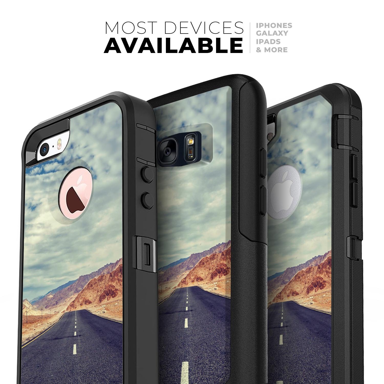 Desert Road Skin Kit for iPhone OtterBox Cases featuring vibrant graphics and a sleek design, showcasing its dual-layer construction.