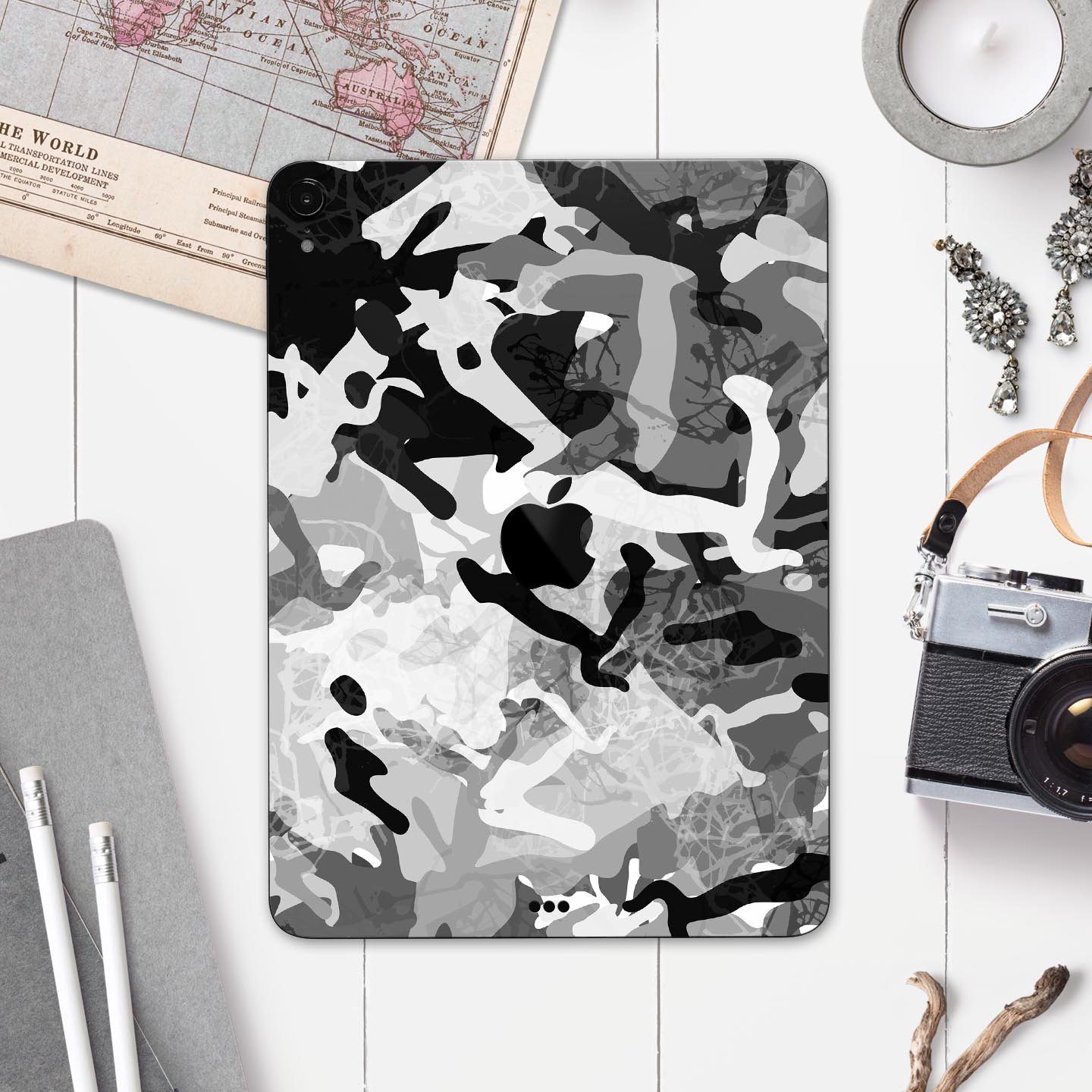 Desert Snow Camouflage V2 skin decal for Apple iPad, showcasing a stylish camouflage design with a smooth finish.