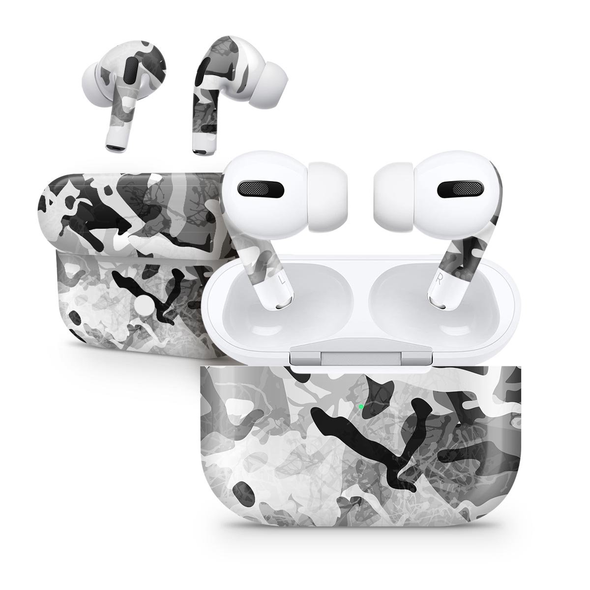 Desert Snow Camouflage V2 skin decal wrap kit for Apple AirPods Pro, showcasing its stylish design and precise fit.