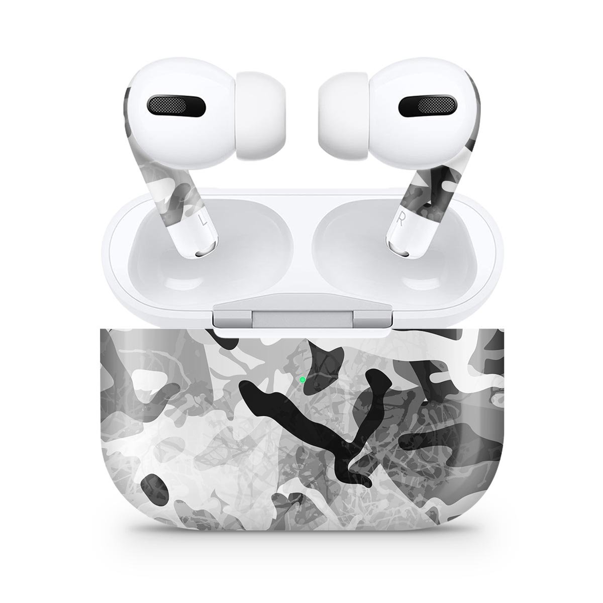 Desert Snow Camouflage V2 skin decal wrap kit for Apple AirPods Pro, showcasing its stylish design and precise fit.