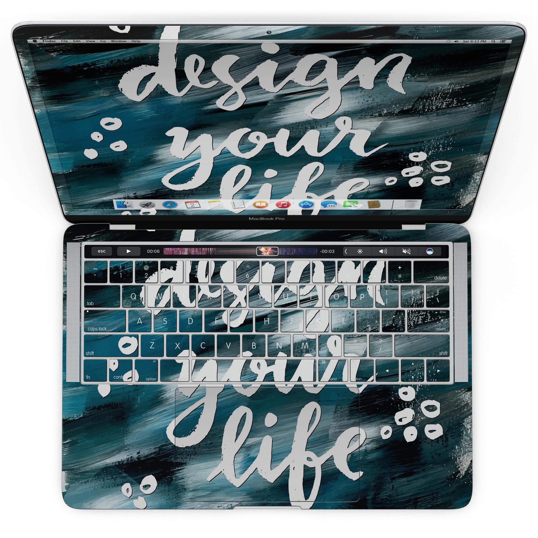 Design your Life MacBook Pro with Touch Bar Skin Kit showcasing glossy and matte finishes, designed for protection and style.