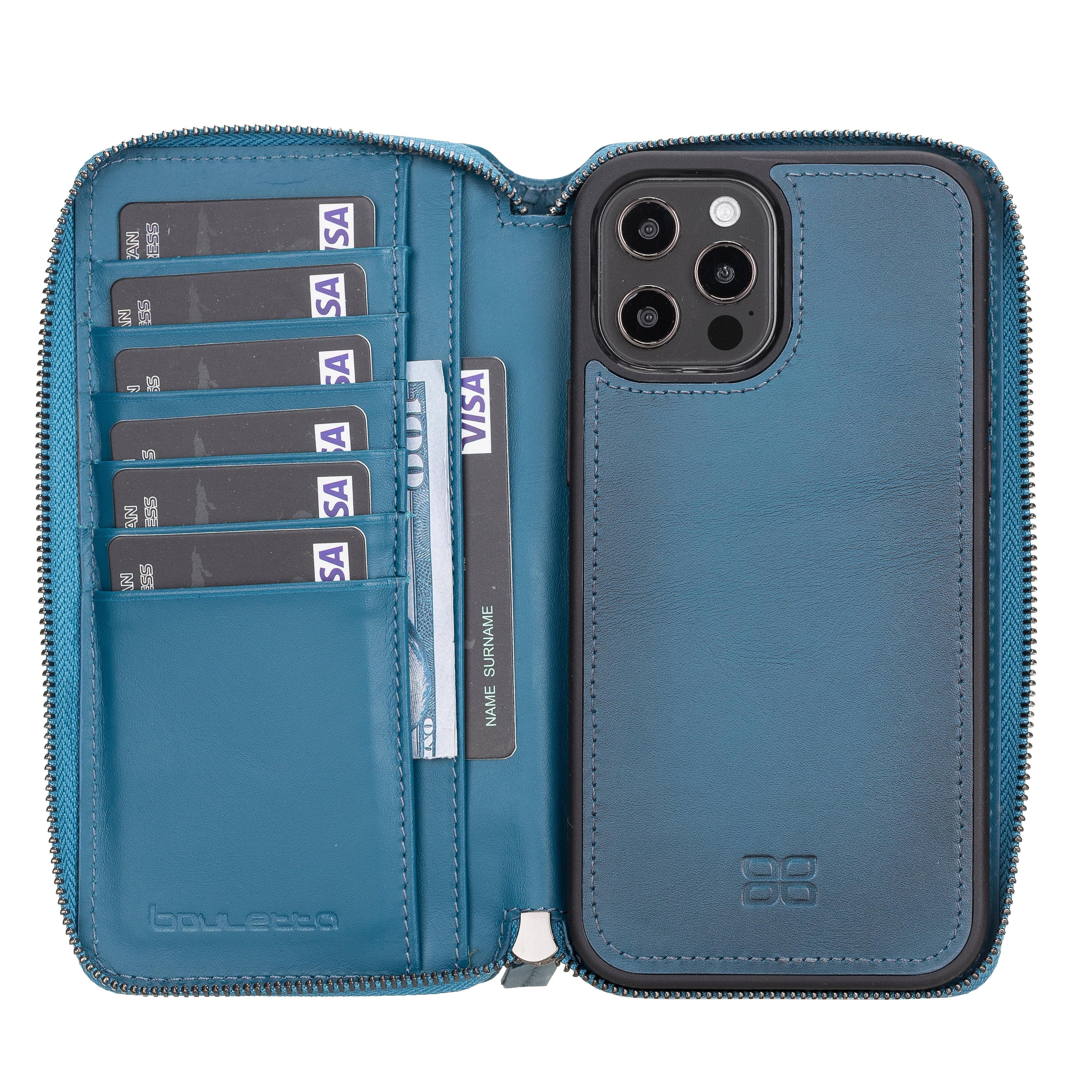 Detachable Leather Zipper Wallet Case for Apple iPhone 12 Series, featuring a sleek design with card slots and a detachable magnetic phone case.