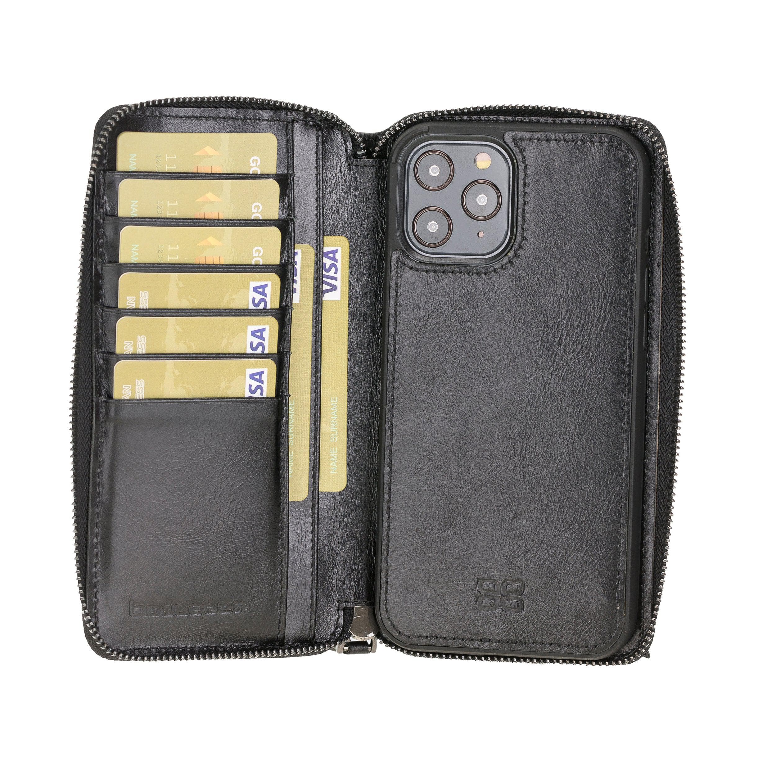 Detachable Leather Zipper Wallet Case for Apple iPhone 12 Series, featuring a sleek design with card slots and a detachable magnetic phone case.