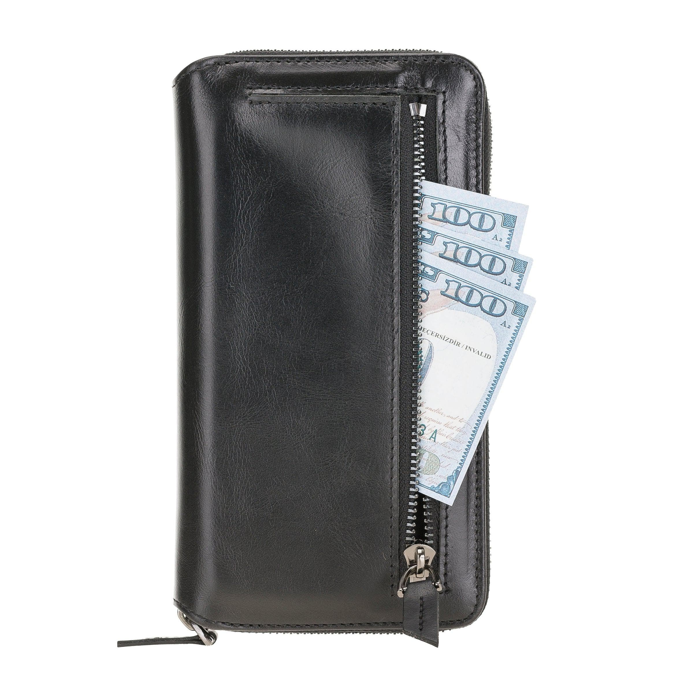 Detachable Leather Zipper Wallet Case for Apple iPhone 12 Series, featuring a sleek design with card slots and a detachable magnetic phone case.