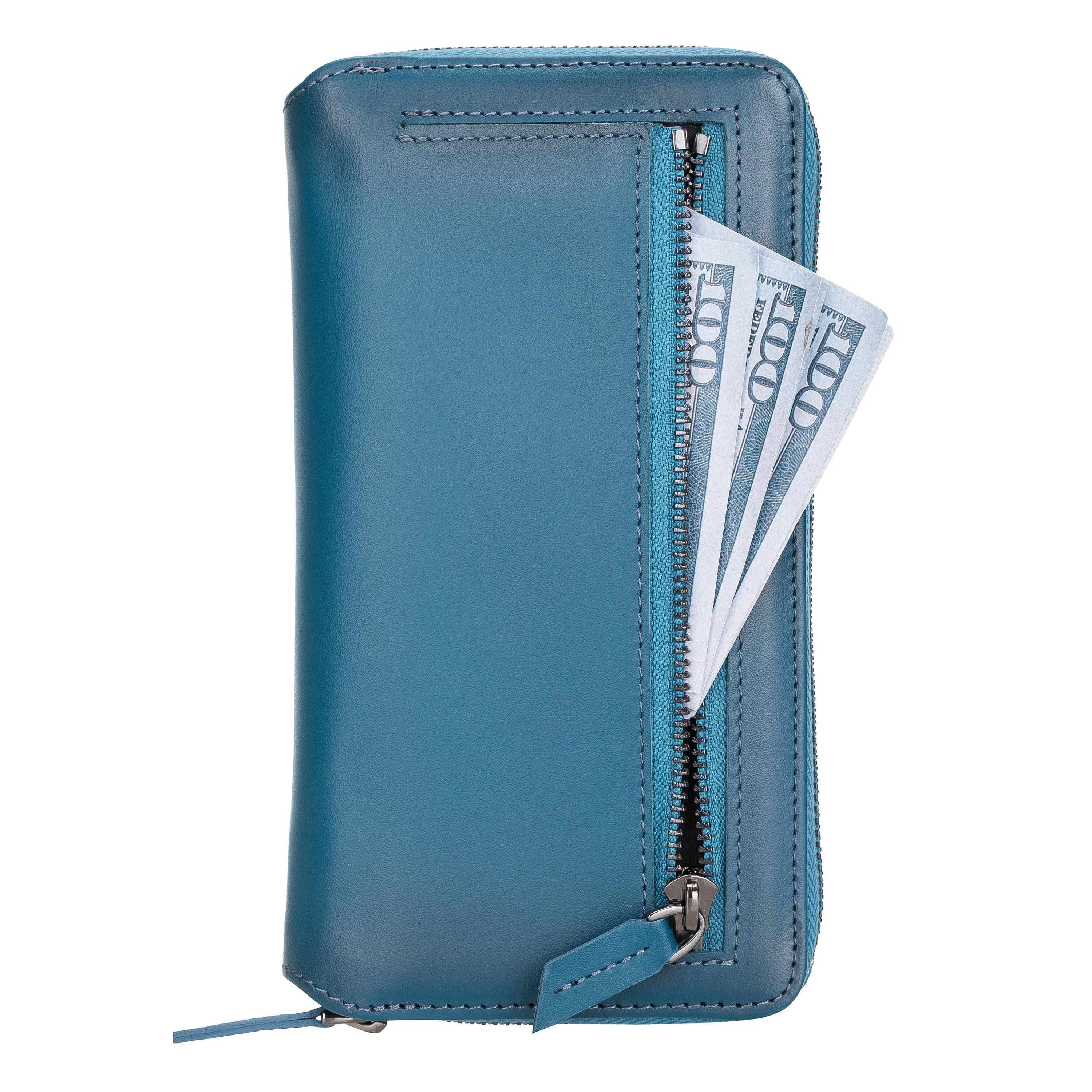 Detachable Leather Zipper Wallet Case for Apple iPhone 12 Series, featuring a sleek design with card slots and a detachable magnetic phone case.