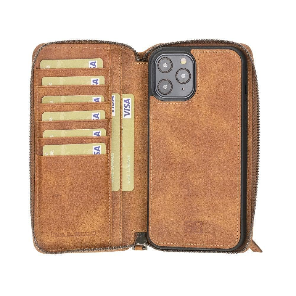 Detachable Leather Zipper Wallet Case for Apple iPhone 12 Series, featuring a sleek design with card slots and a detachable magnetic phone case.