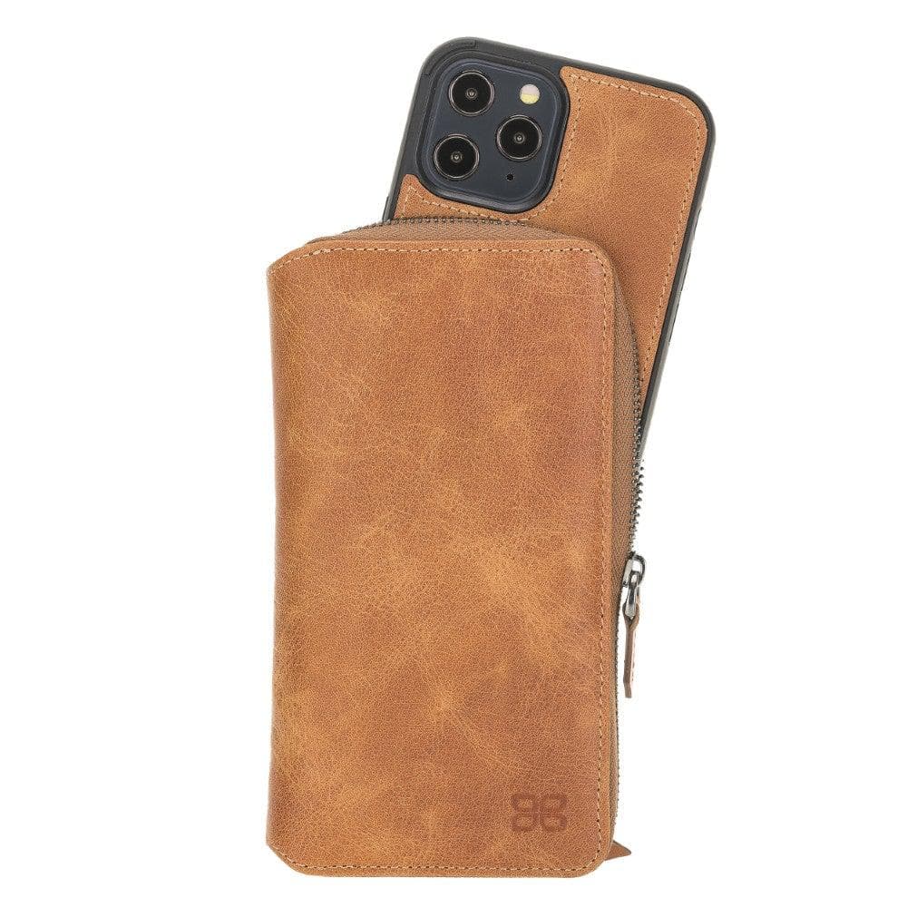 Detachable Leather Zipper Wallet Case for Apple iPhone 12 Series, featuring a sleek design with card slots and a detachable magnetic phone case.