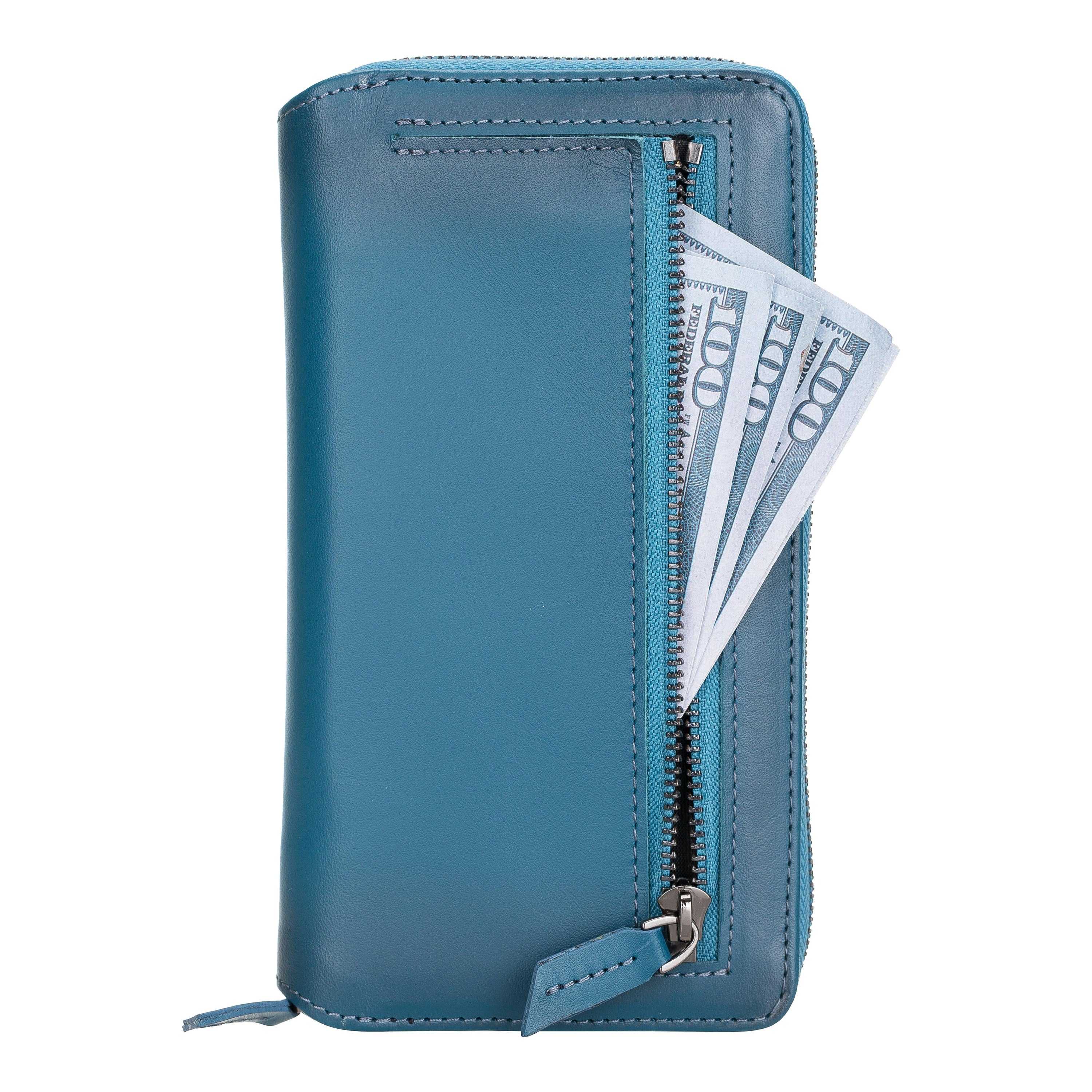 Detachable Leather Zipper Wallet Case for Apple iPhone 12 Series, featuring a sleek design with card slots and a detachable magnetic phone case.