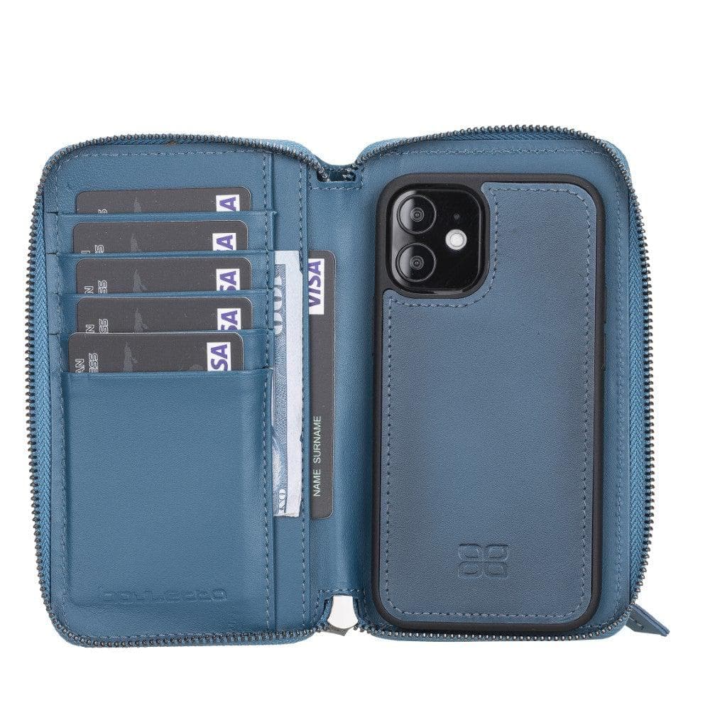 Detachable Leather Zipper Wallet Case for Apple iPhone 12 Series, featuring a sleek design with card slots and a detachable magnetic phone case.