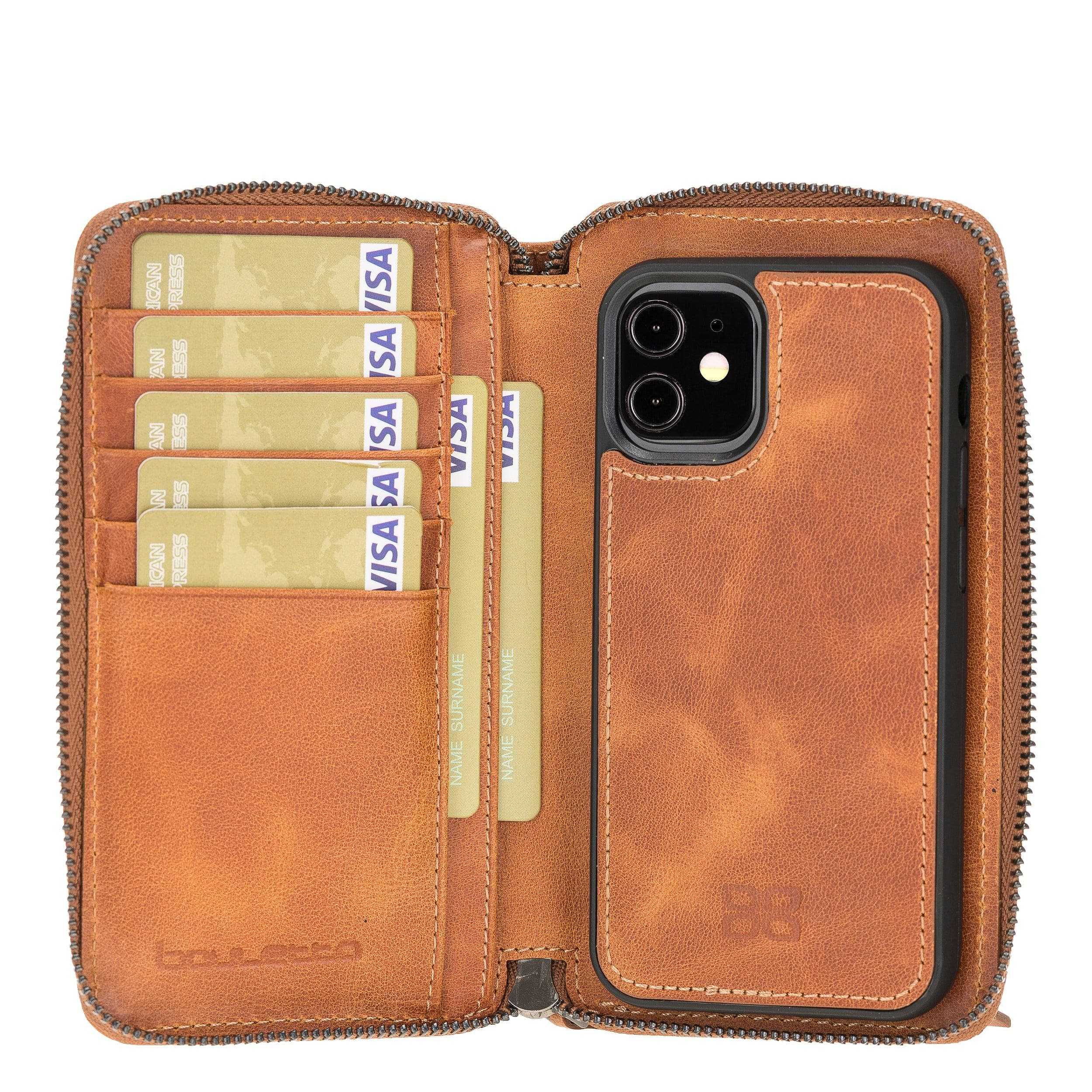 Detachable Leather Zipper Wallet Case for Apple iPhone 12 Series, featuring a sleek design with card slots and a detachable magnetic phone case.