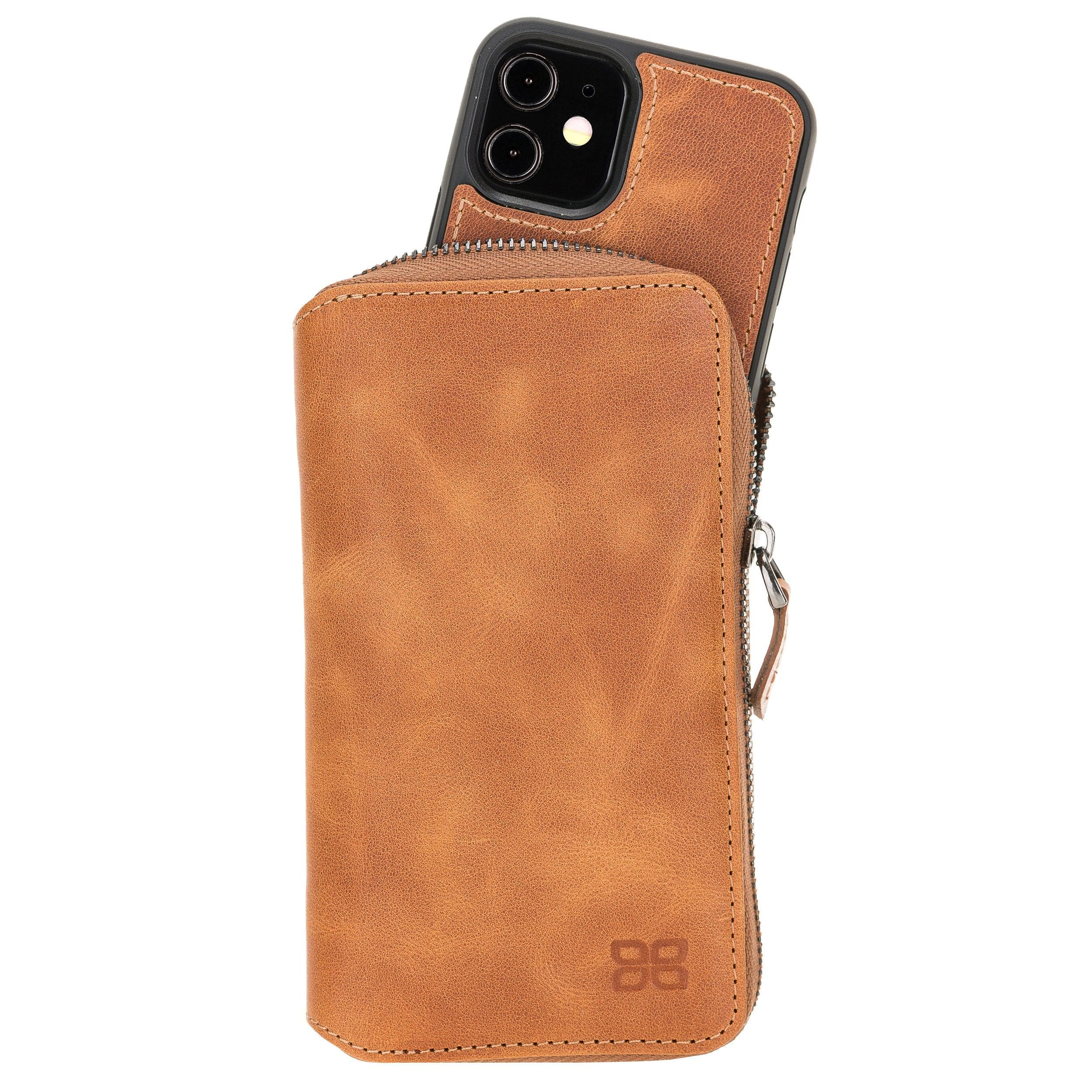 Detachable Leather Zipper Wallet Case for Apple iPhone 12 Series, featuring a sleek design with card slots and a detachable magnetic phone case.