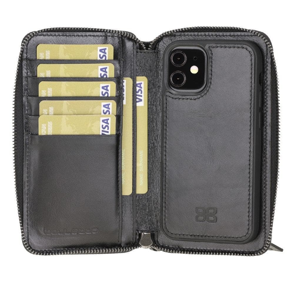 Detachable Leather Zipper Wallet Case for Apple iPhone 12 Series, featuring a sleek design with card slots and a detachable magnetic phone case.