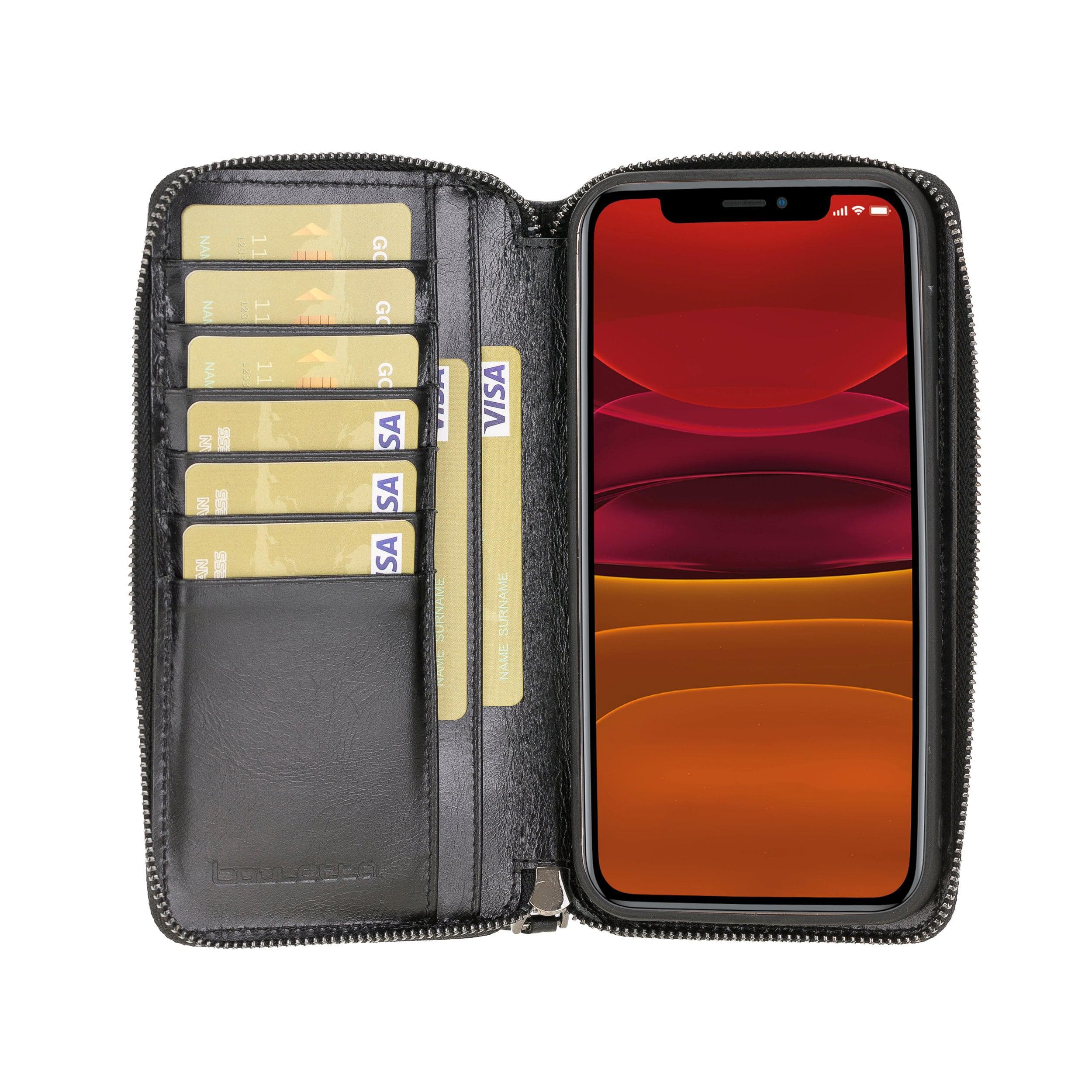 Detachable Leather Zipper Wallet Case for Apple iPhone 12 Series, featuring a sleek design with card slots and a detachable magnetic phone case.