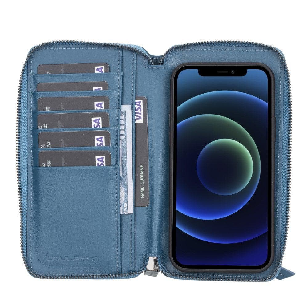 Detachable Leather Zipper Wallet Case for Apple iPhone 12 Series, featuring a sleek design with card slots and a detachable magnetic phone case.