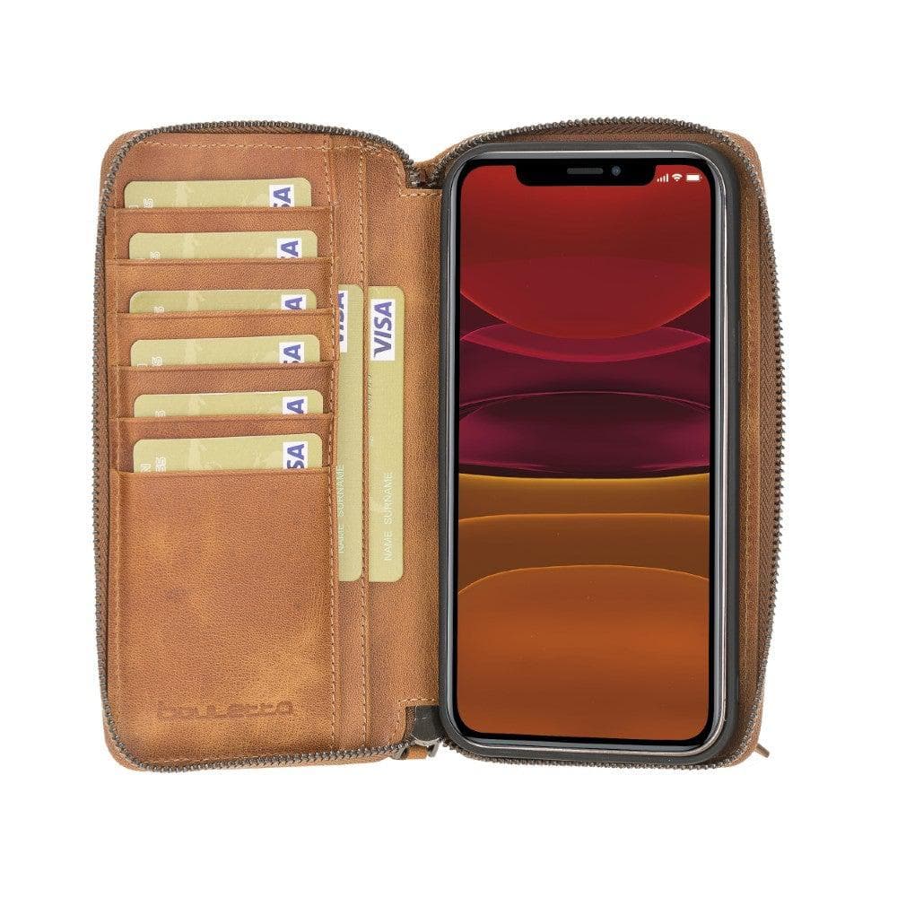 Detachable Leather Zipper Wallet Case for Apple iPhone 12 Series, featuring a sleek design with card slots and a detachable magnetic phone case.