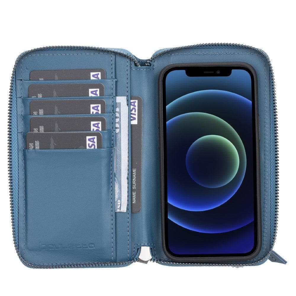 Detachable Leather Zipper Wallet Case for Apple iPhone 12 Series, featuring a sleek design with card slots and a detachable magnetic phone case.