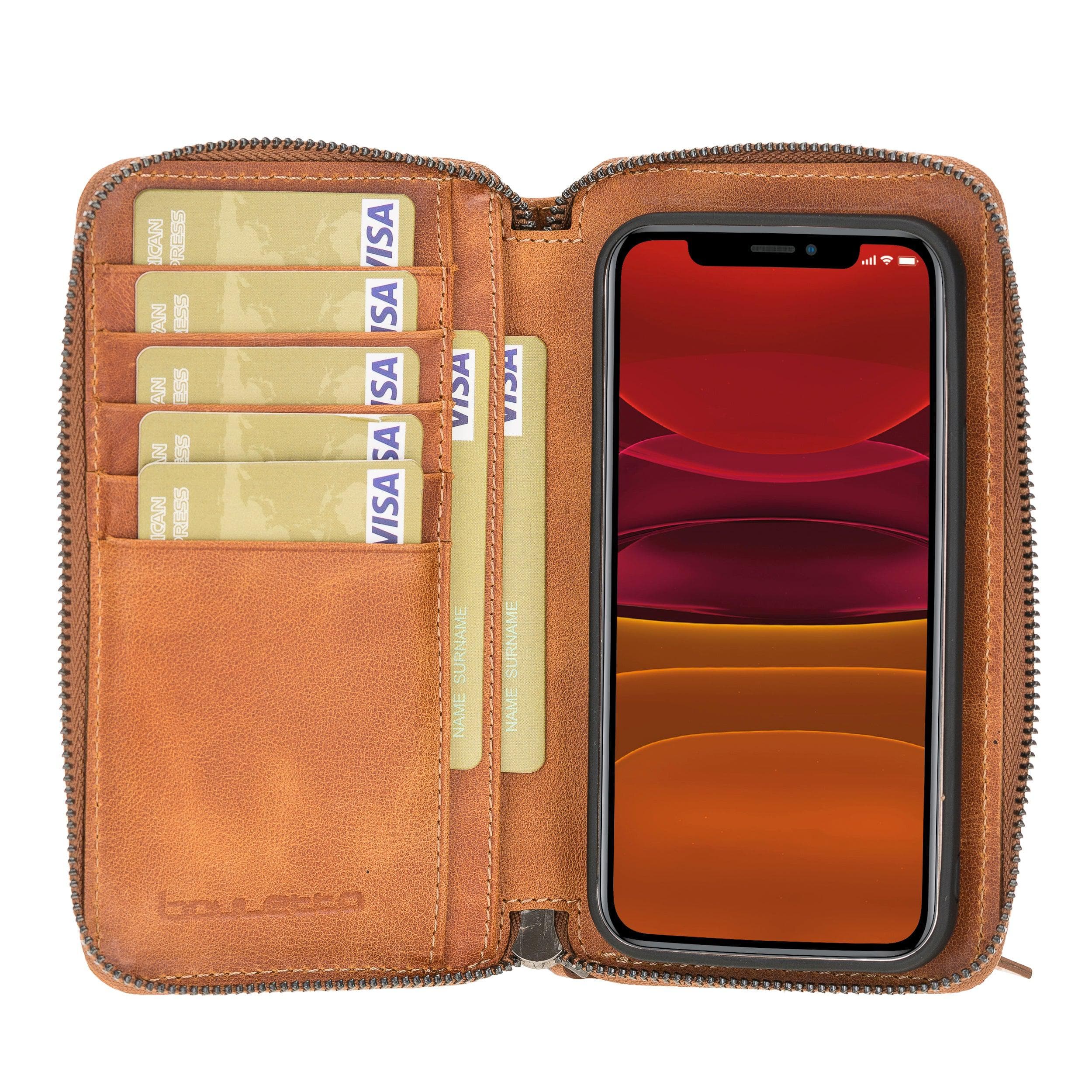 Detachable Leather Zipper Wallet Case for Apple iPhone 12 Series, featuring a sleek design with card slots and a detachable magnetic phone case.