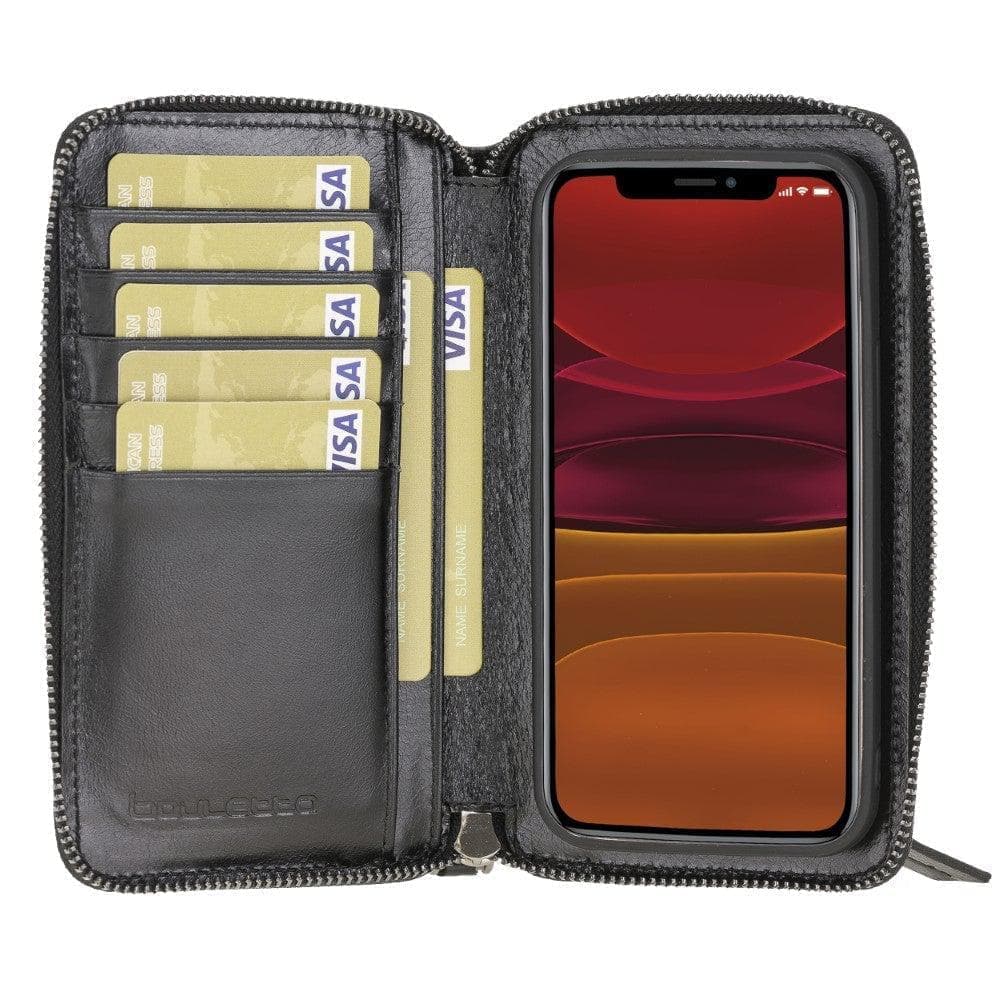 Detachable Leather Zipper Wallet Case for Apple iPhone 12 Series, featuring a sleek design with card slots and a detachable magnetic phone case.