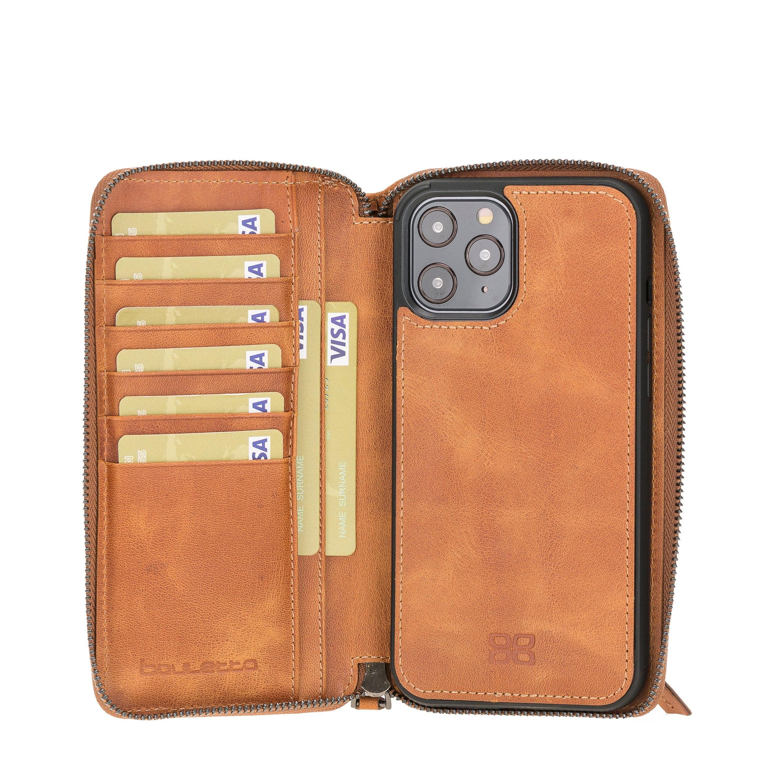 Detachable Leather Zipper Wallet Case for Apple iPhone 12 Series, featuring a sleek design with card slots and a detachable magnetic phone case.