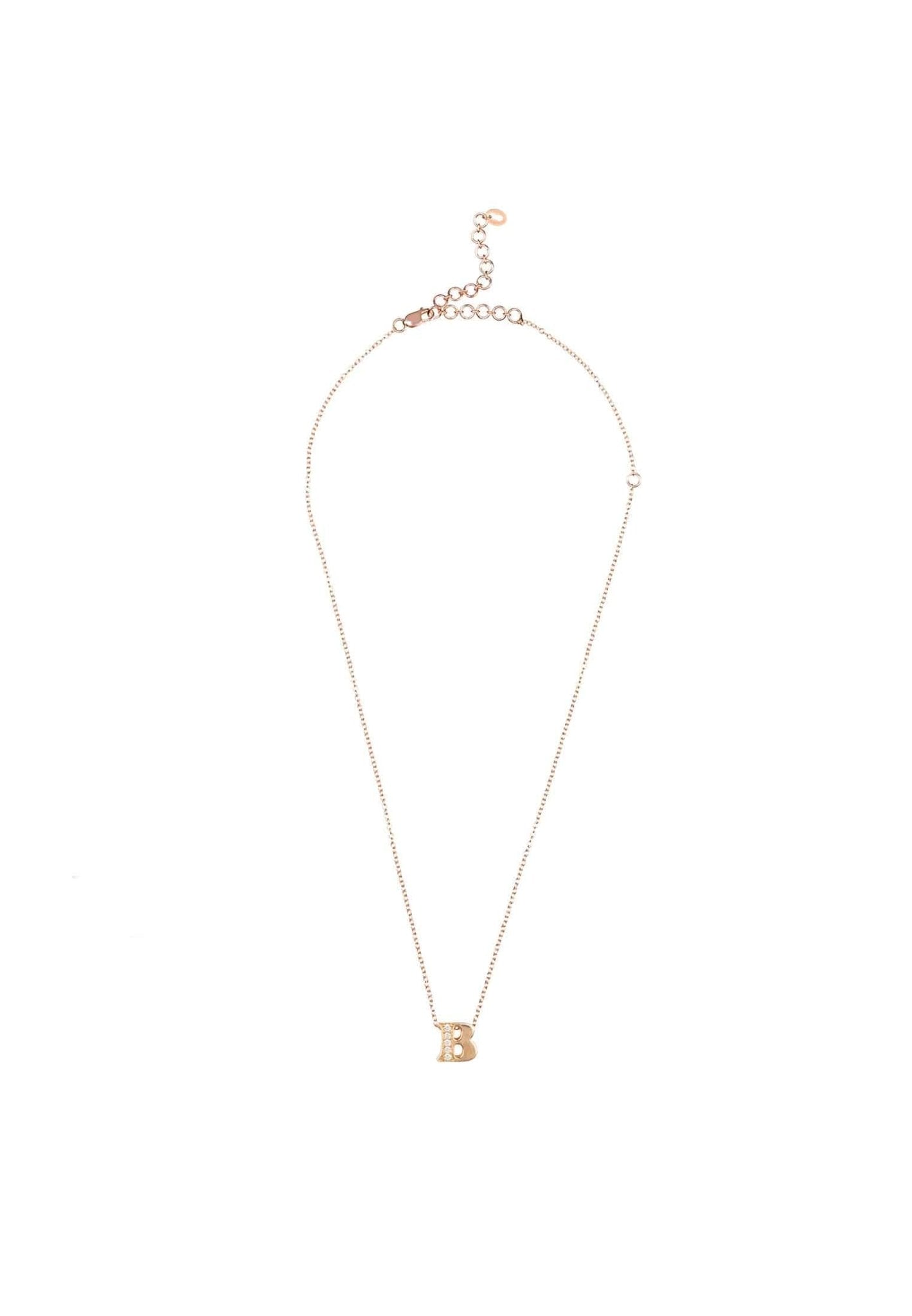 Rose gold initial letter pendant necklace adorned with diamonds, showcasing elegance and personalization.