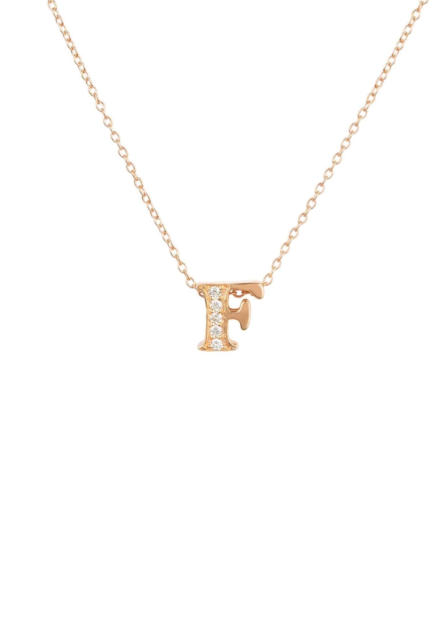 Rose gold initial letter pendant necklace adorned with diamonds, elegantly crafted from sterling silver.