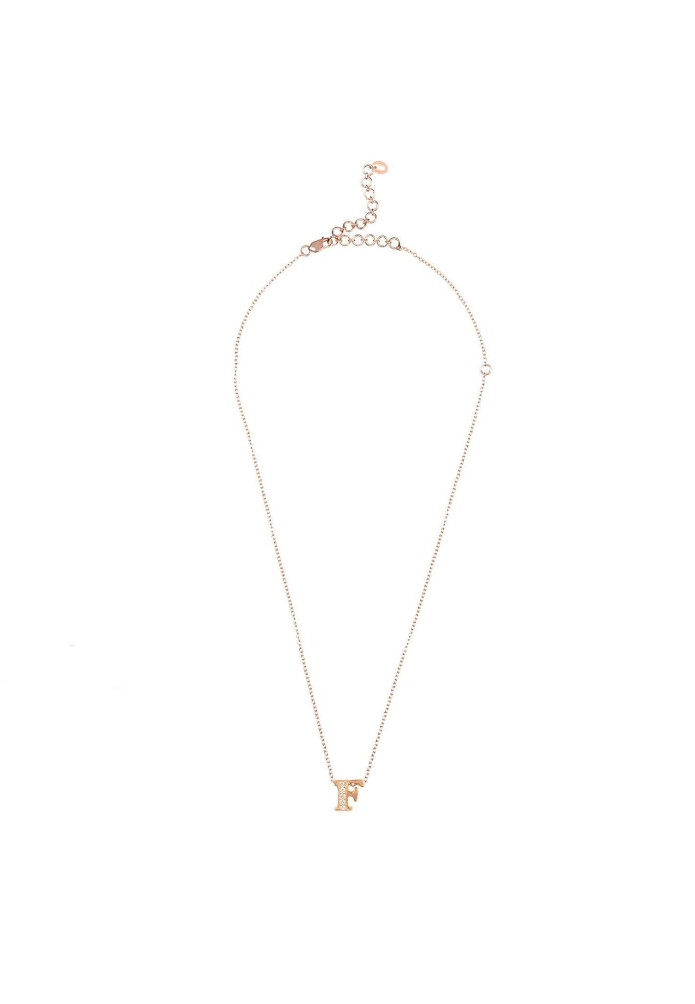 Rose gold initial letter pendant necklace adorned with diamonds, elegantly crafted from sterling silver.