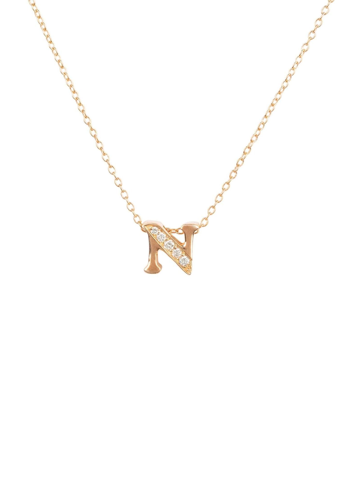 Rose gold initial letter pendant necklace adorned with sparkling diamonds, elegantly crafted from sterling silver.