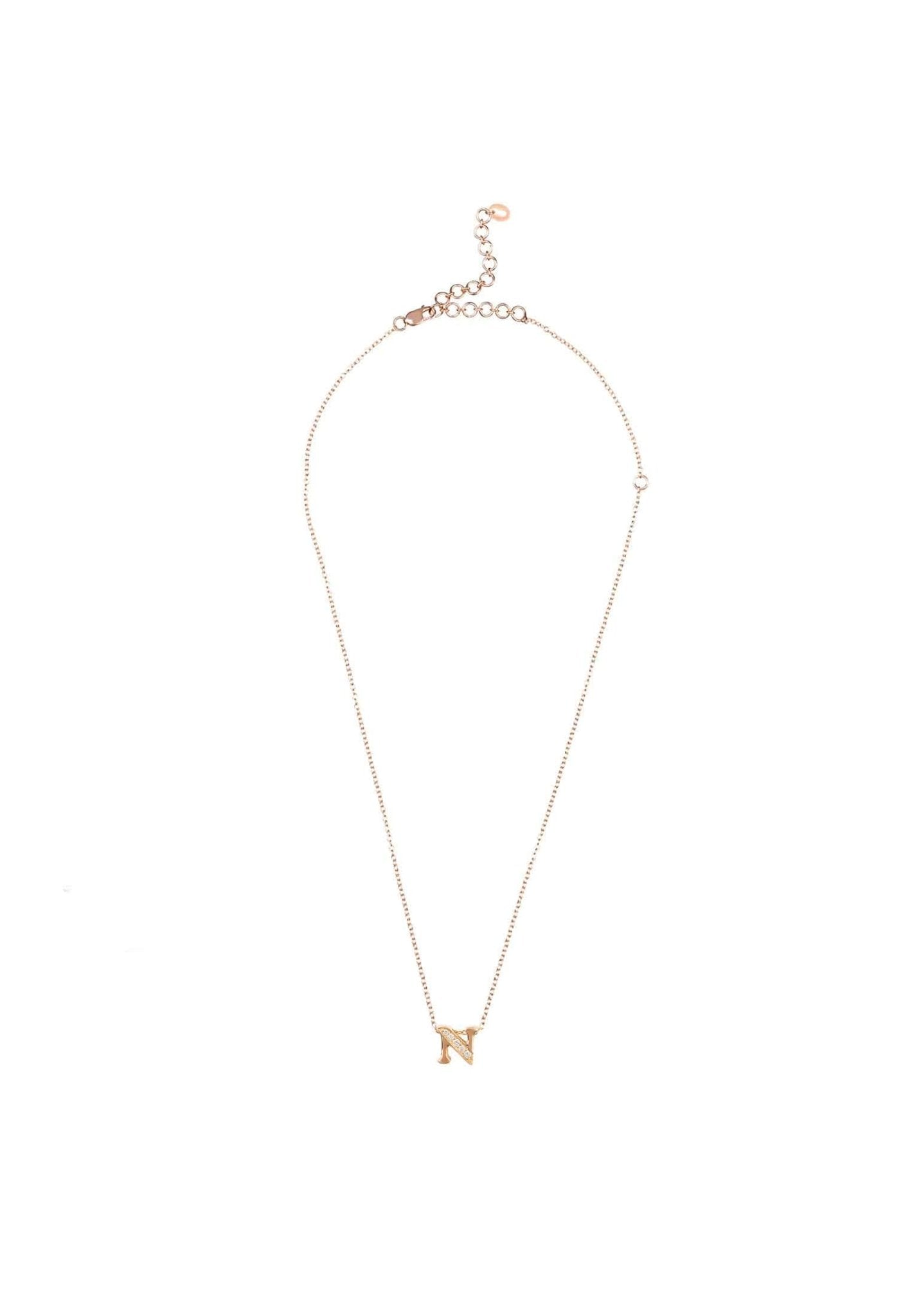 Rose gold initial letter pendant necklace adorned with sparkling diamonds, elegantly crafted from sterling silver.