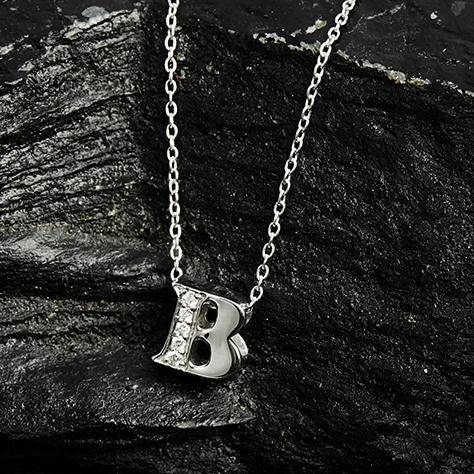 Diamond Initial Letter Pendant Necklace in Silver B, featuring a delicate initial pendant adorned with sparkling diamonds on a sterling silver chain.